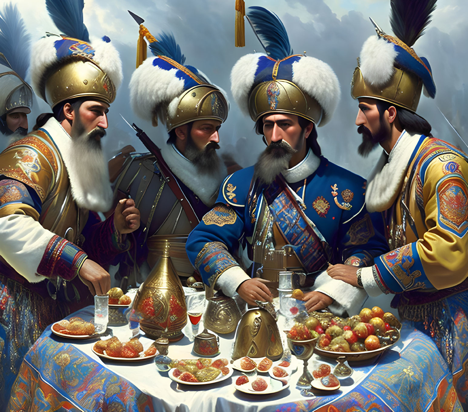 Russian men in traditional royal attire having a discussion at a table outdoors