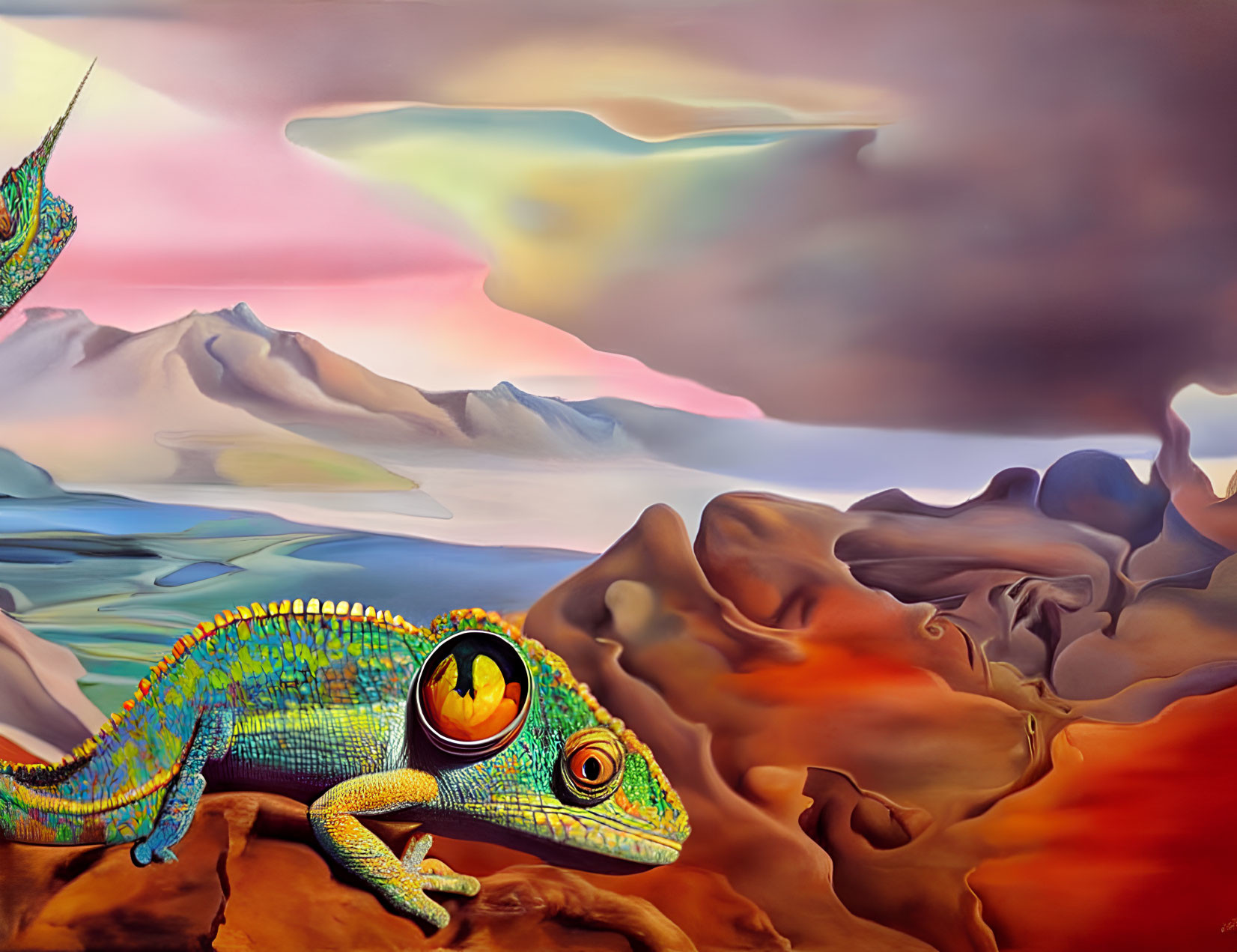 Colorful Chameleon on Branch with Surreal Sunset Landscape