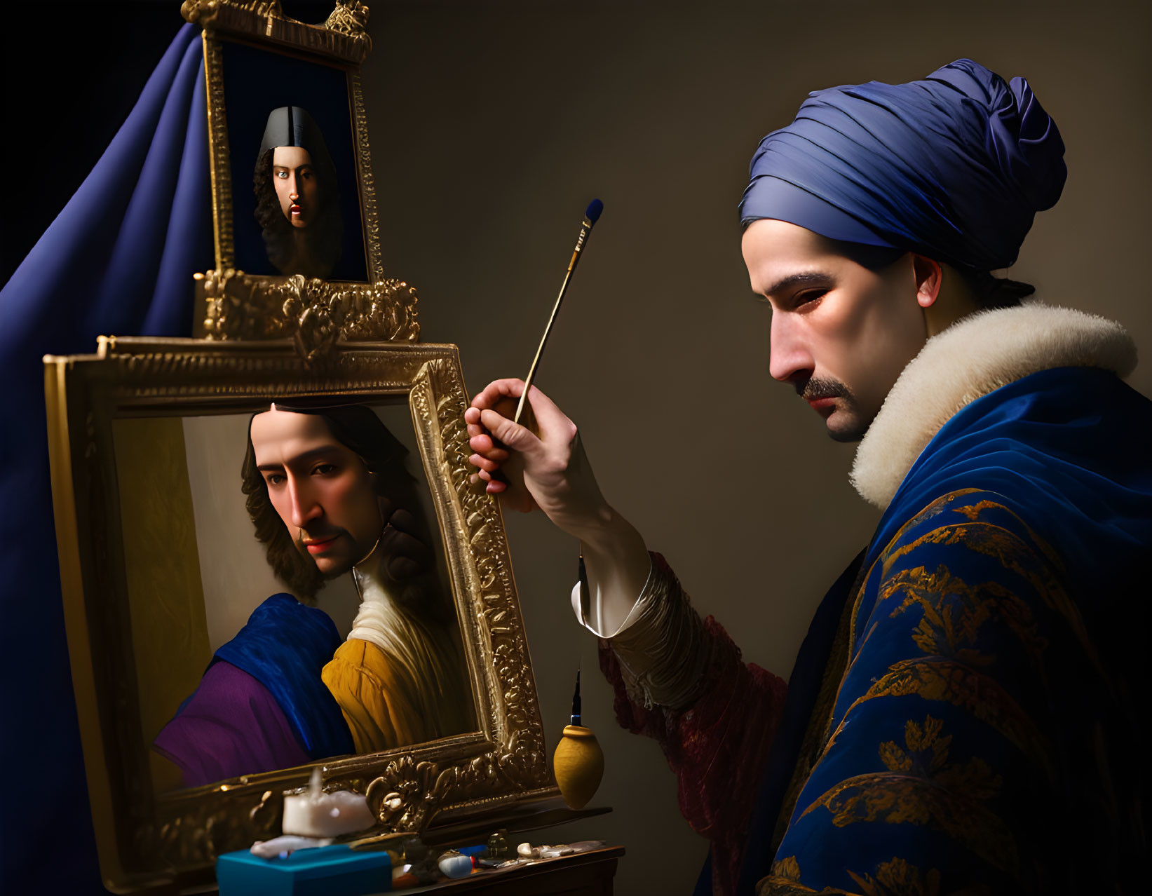 Historical artist paints self-portrait with hand mirror in dark setting