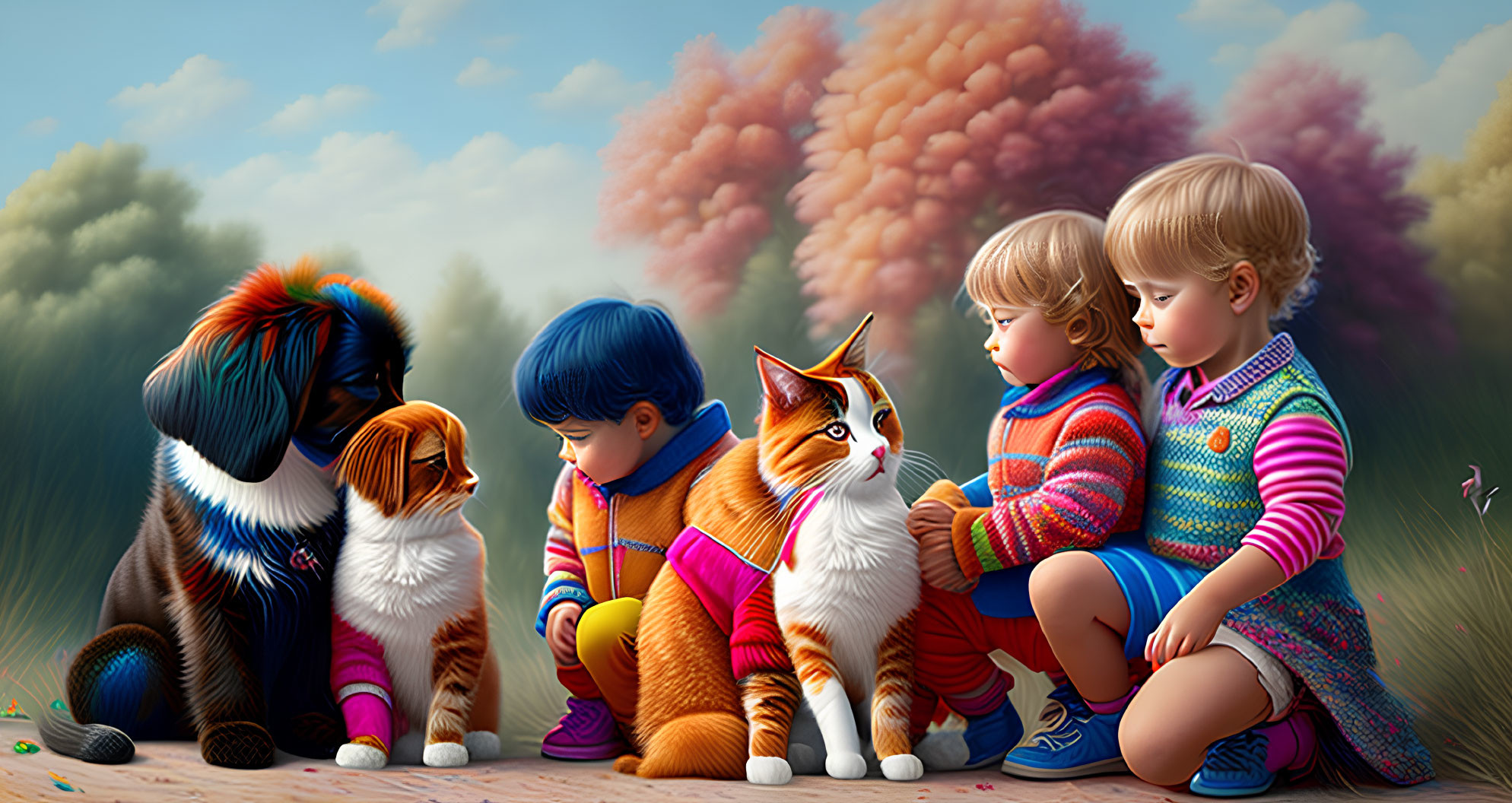 Two Children, Two Dogs, Cat, Colorful Clouds: Peaceful Scene