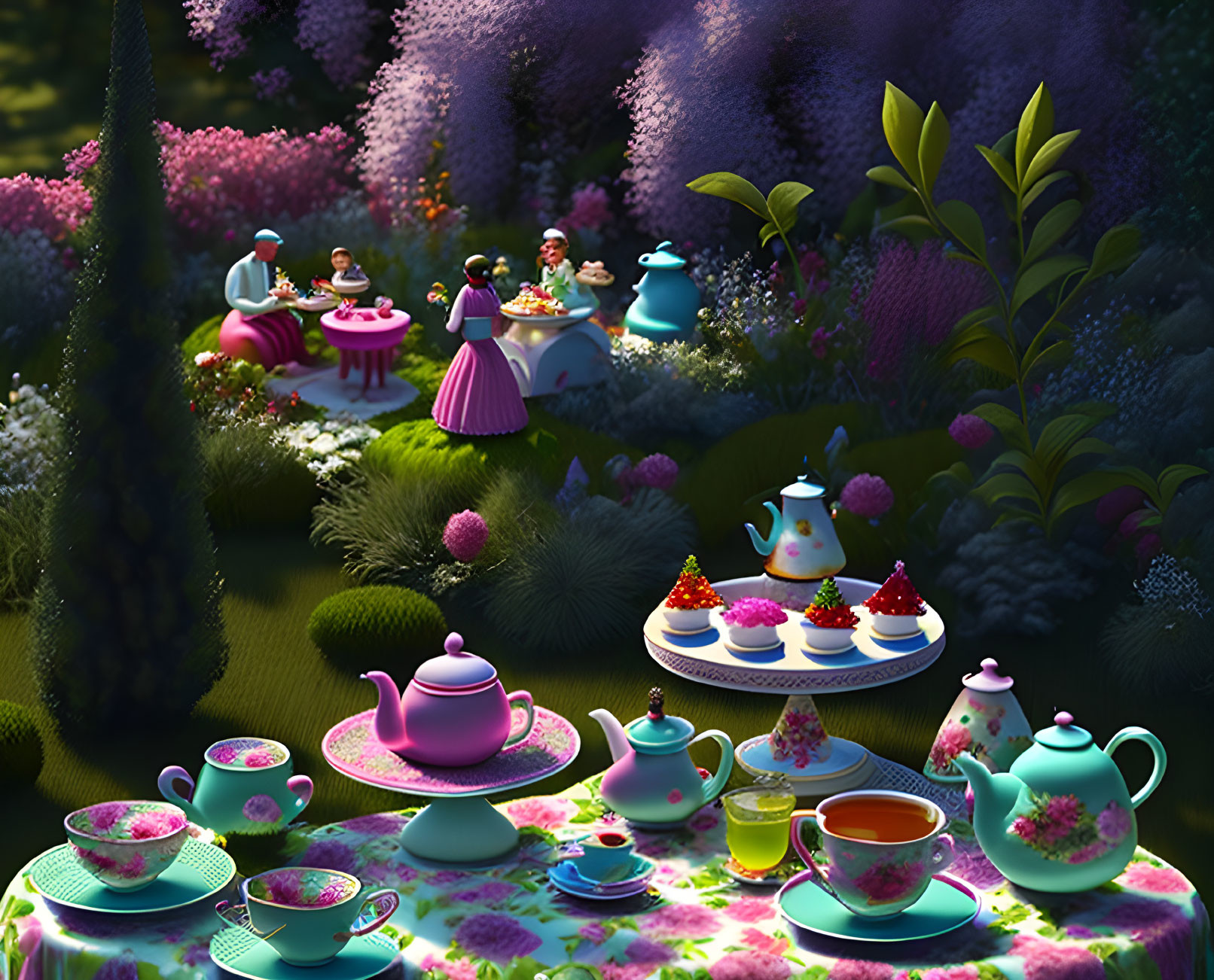 Enchanted garden tea party with vibrant flora and whimsical teapots