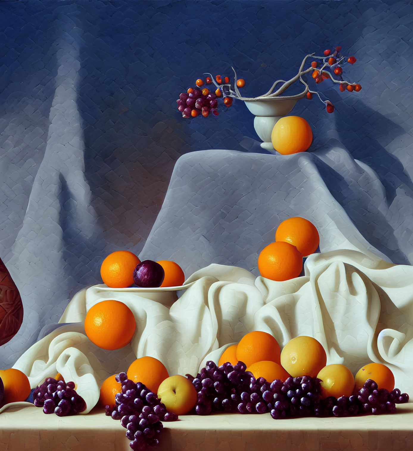 Classic still life painting with fruits on blue background.