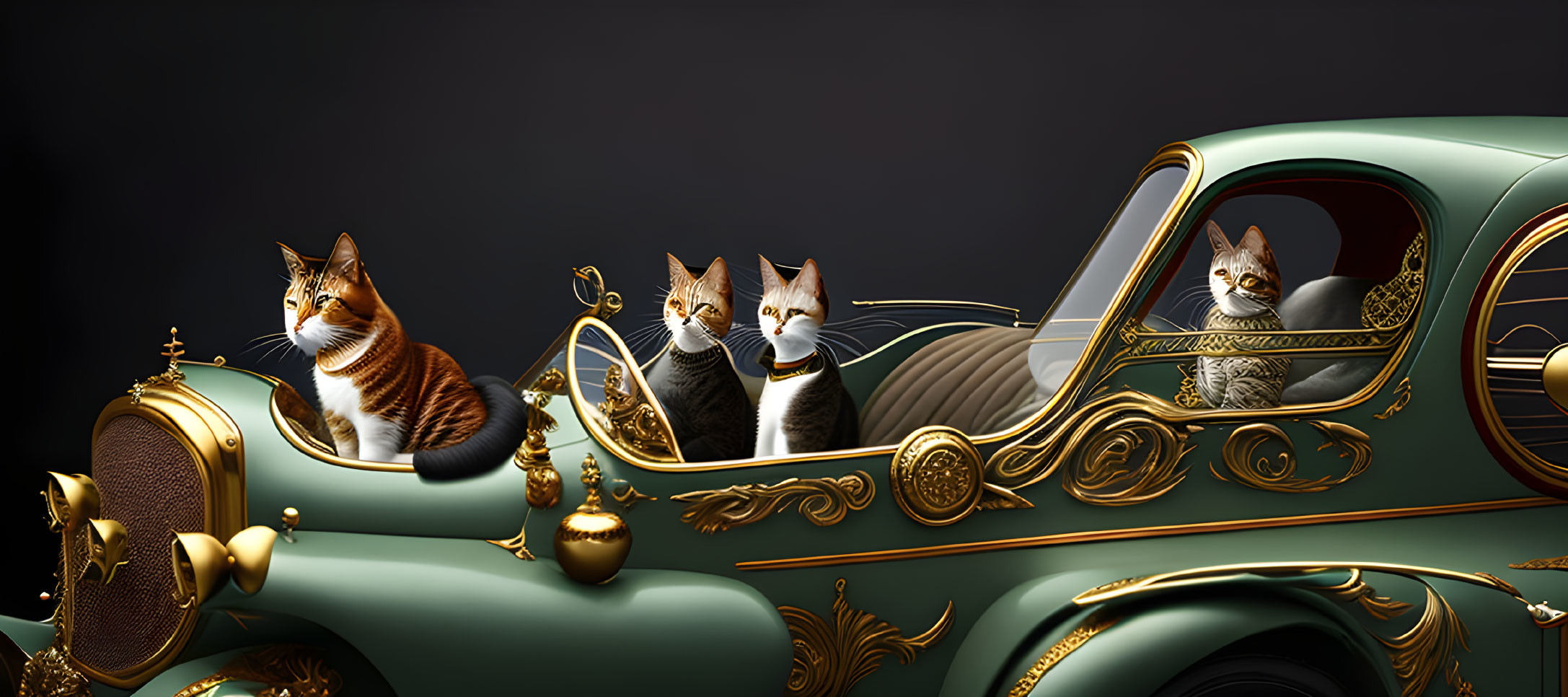 Three cats in vintage green car with gold accents on dark background