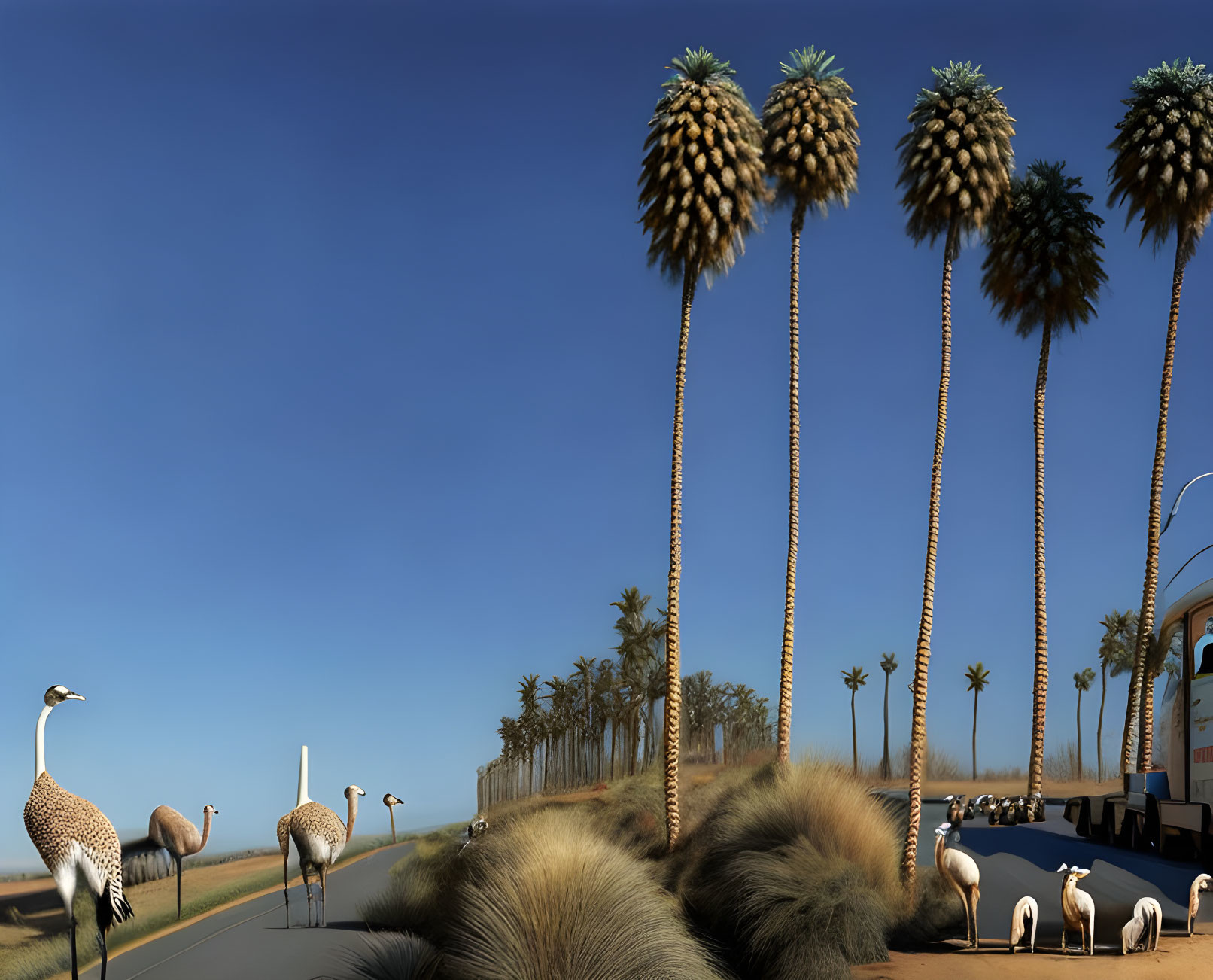 Ostriches near roadside with palm trees in desert-like landscape