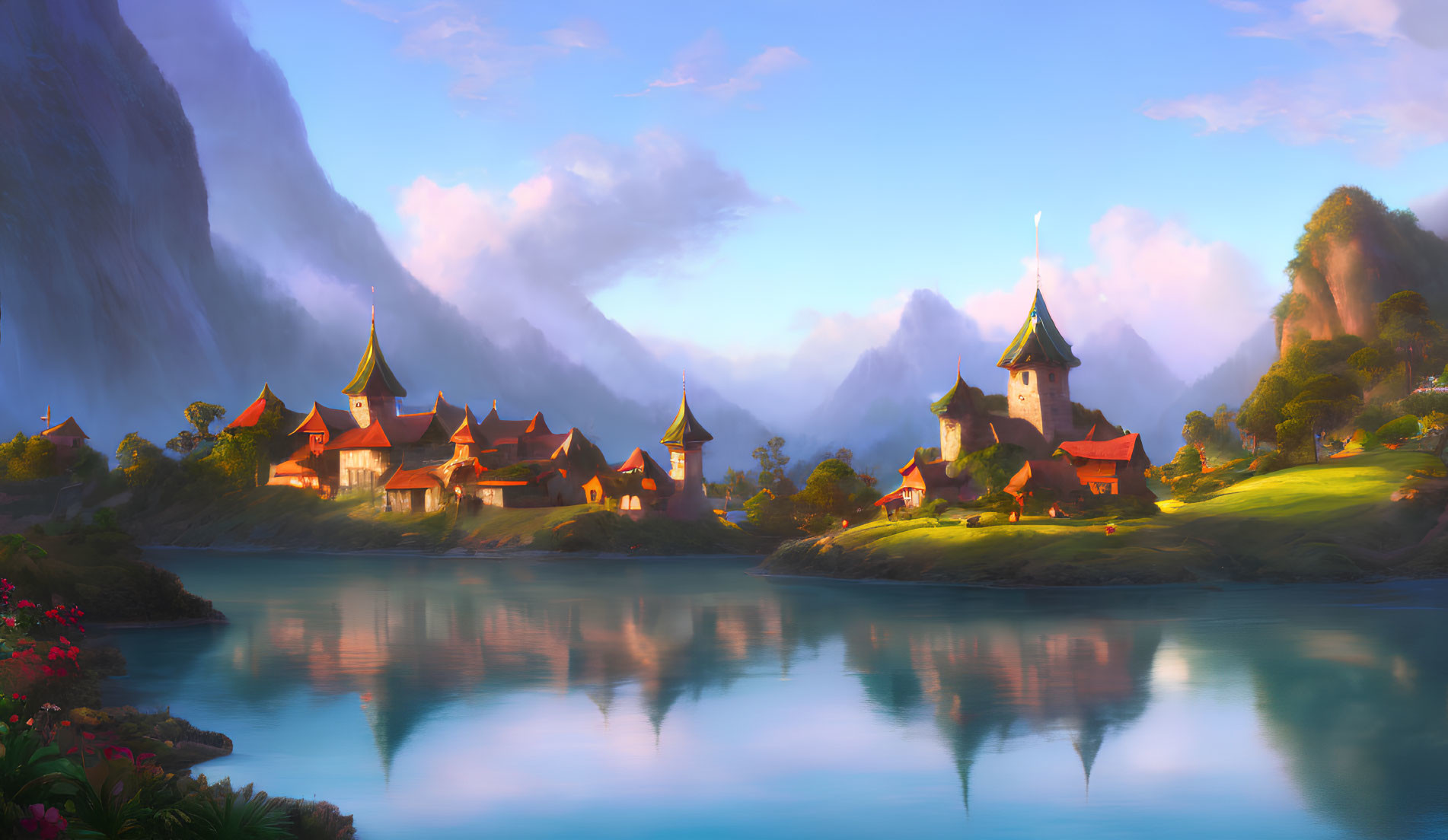 Traditional village by calm lake at sunrise surrounded by hills