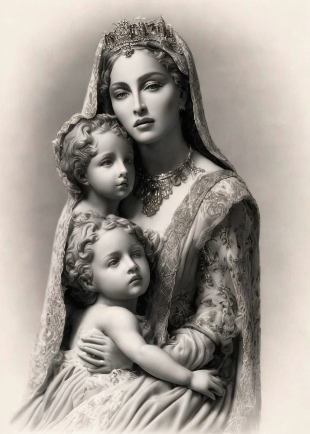 Monochrome image of regal woman, children with curly hair in classical style