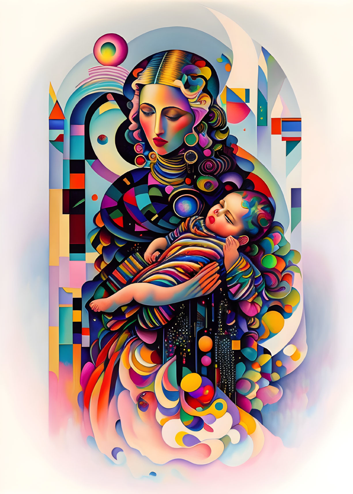 Surrealist artwork of woman embracing child with cosmic elements