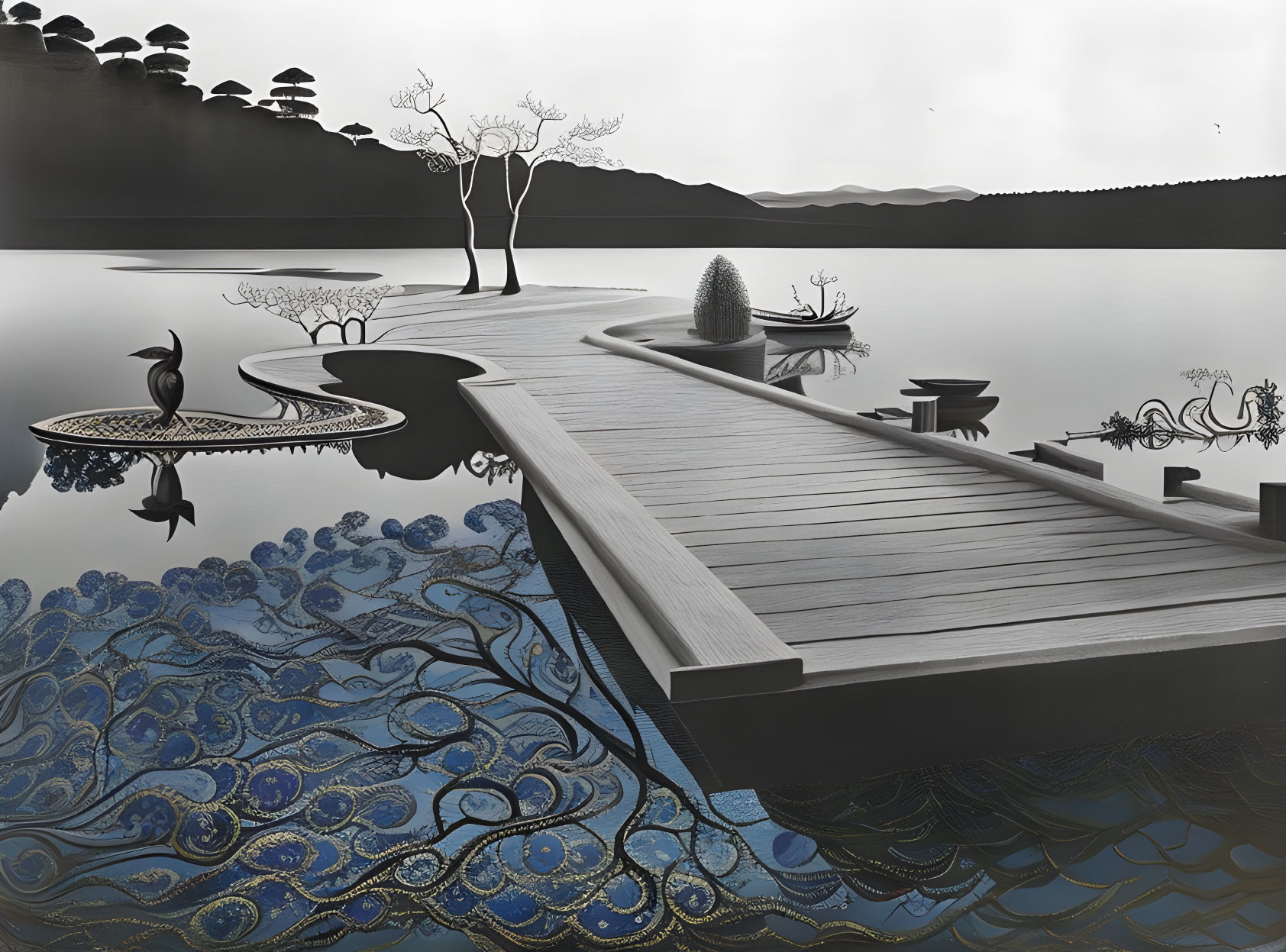 Monochrome landscape with wooden jetty, patterned lake, ornate trees, bird, and hills