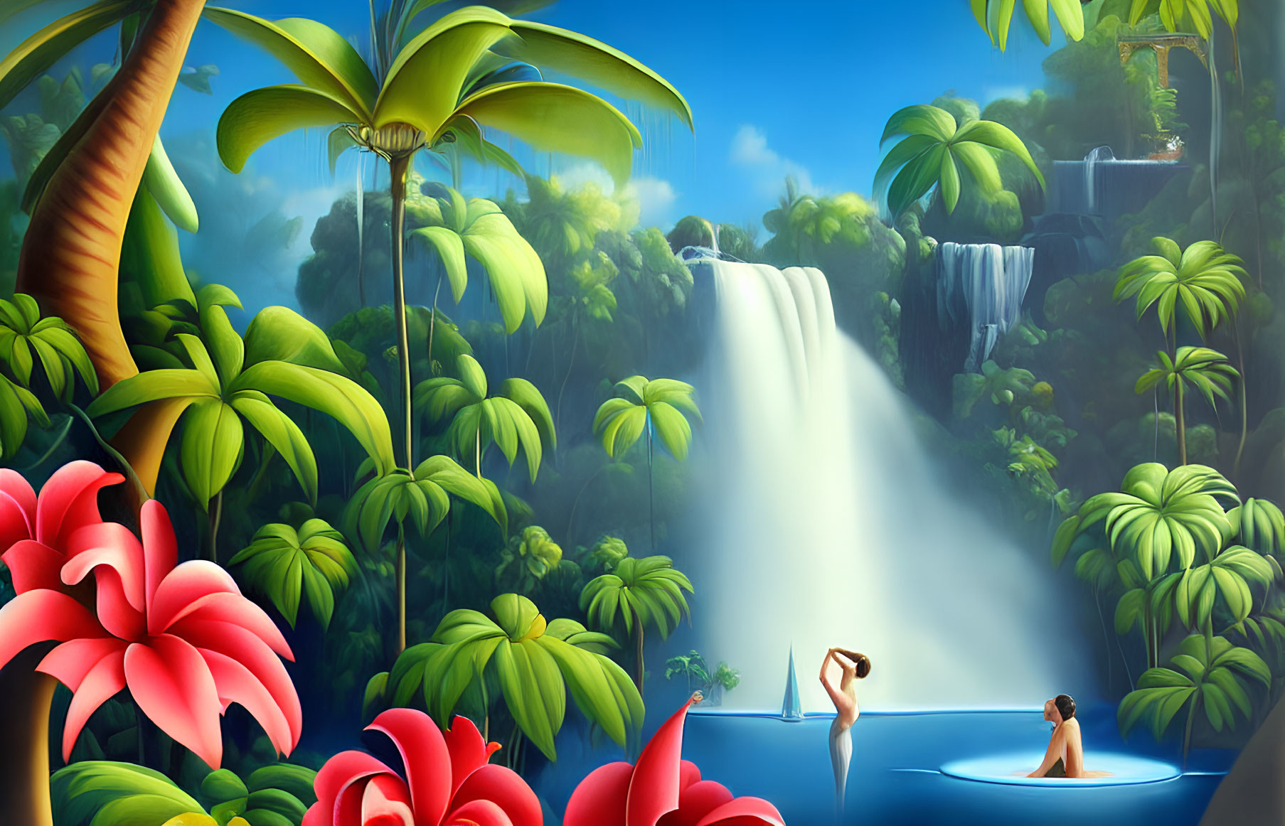 Tropical paradise with waterfall, lush greenery, pink flowers, and people in serene blue pool