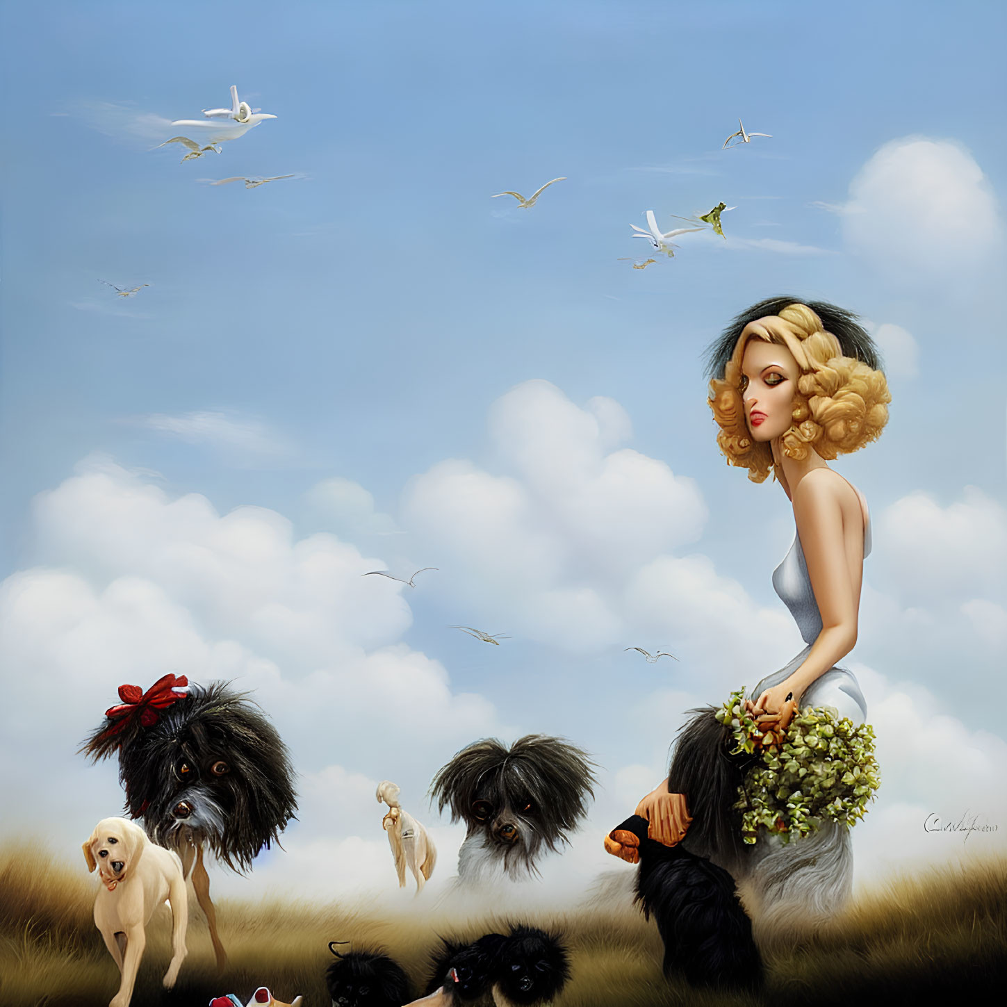 Illustration of Woman with Bouquet, Dogs, and Birds in Cloudy Sky