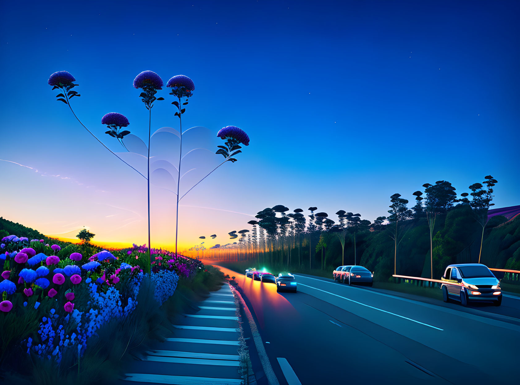 Scenic highway at dusk with cars, vibrant flowers, and colorful sky