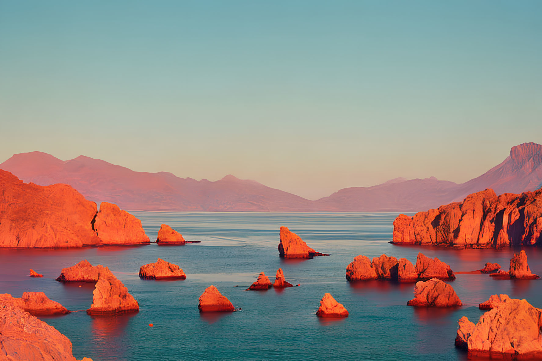 Golden hour seascape with orange light on rocky formations and calm waters.