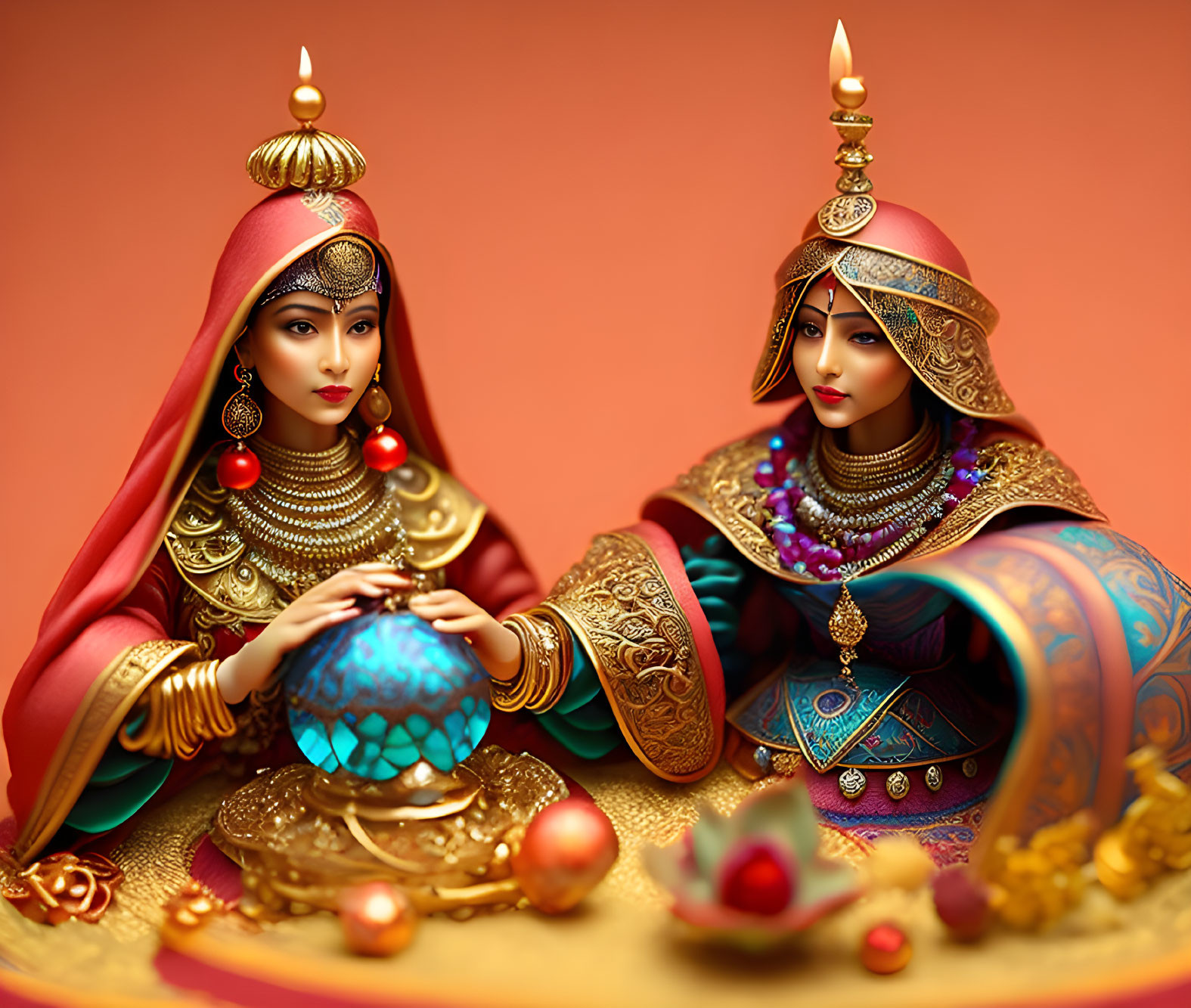 Ornate regal figurines in traditional attire with glowing orb and fruits on table