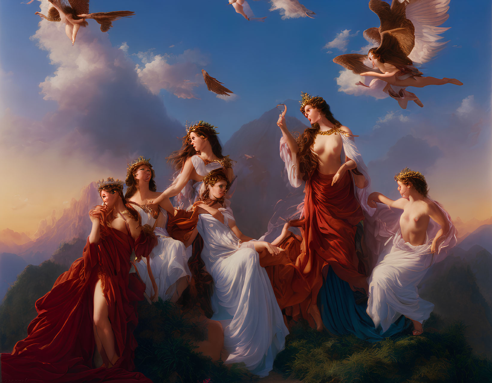 Classical painting of nine muses in flowing robes with mountainous backdrop and birds in flight.