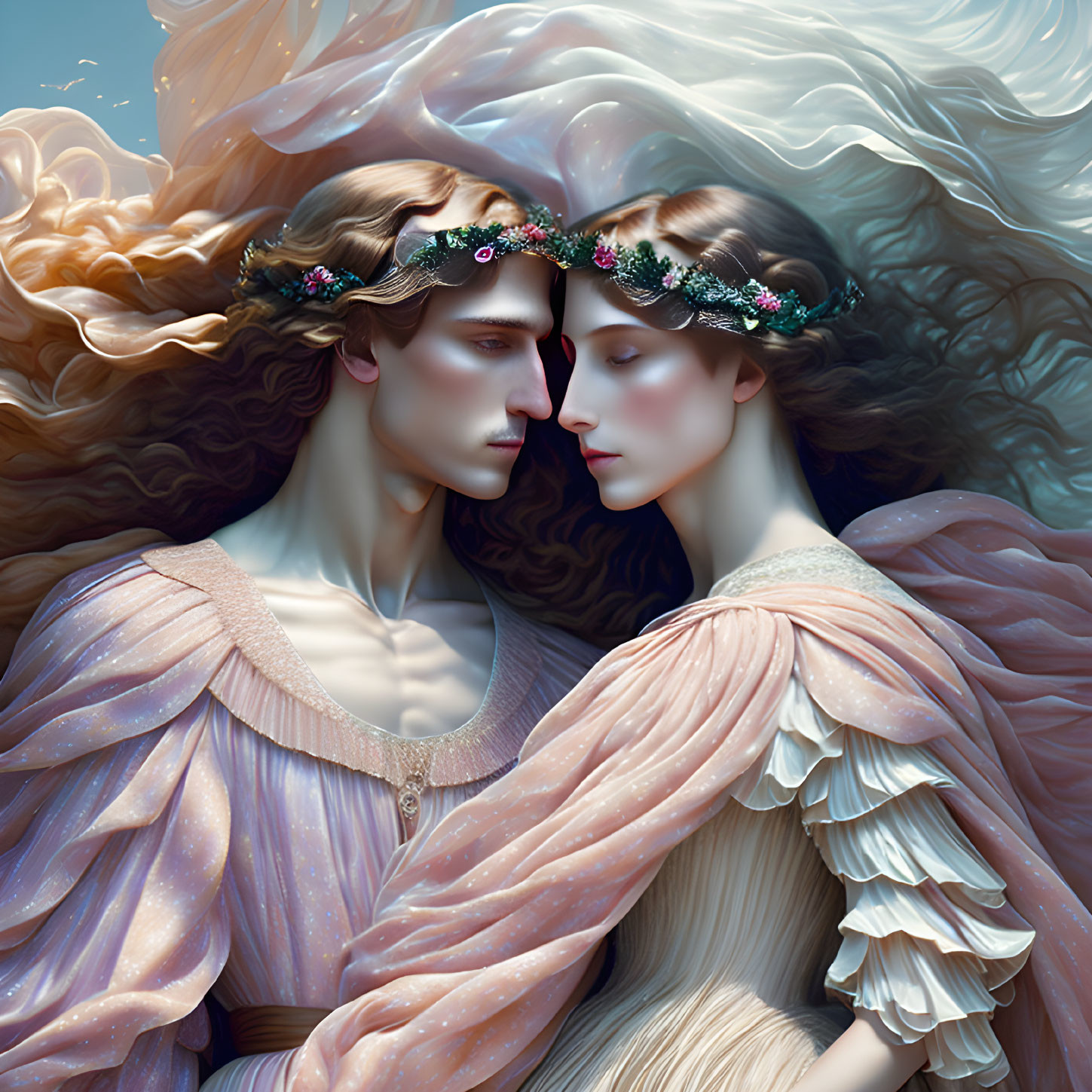 Ethereal figures with floral crowns in romantic embrace