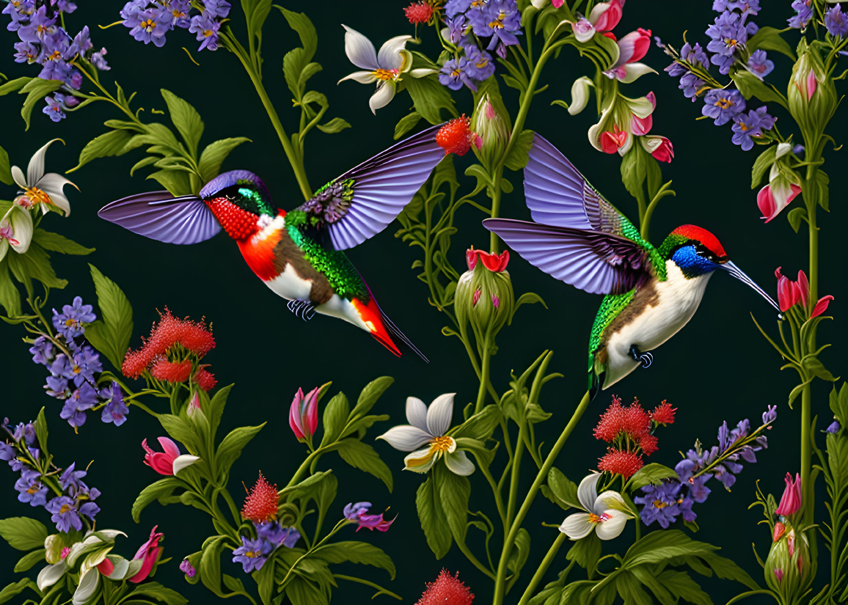 Colorful hummingbirds and flowers in flight on dark backdrop