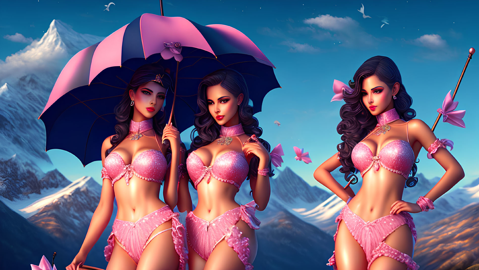 Three animated characters in pink outfits with umbrellas against mountain backdrop