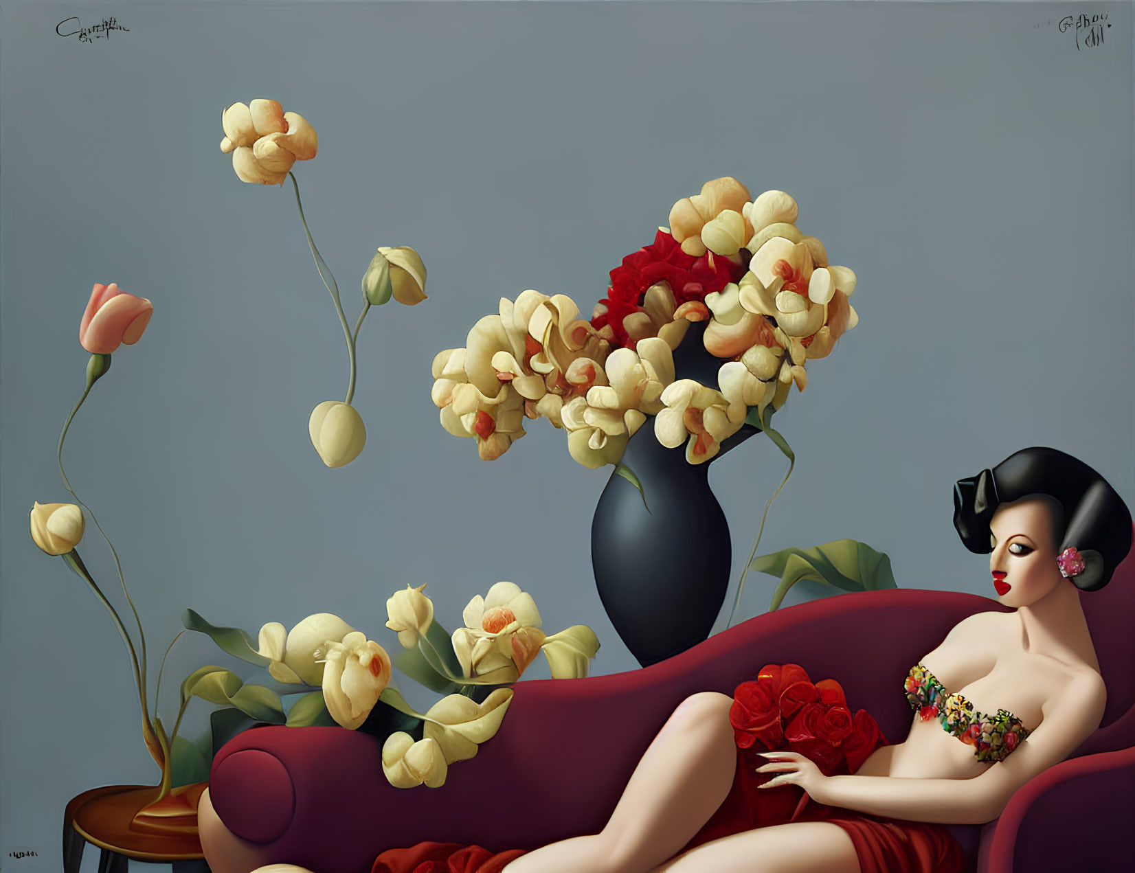 Surreal painting of woman on couch with oversized flowers