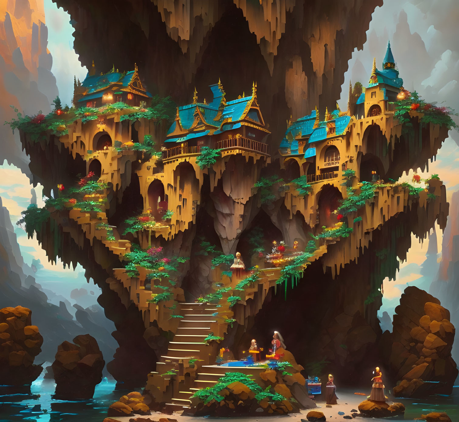 Elaborate palace in fantastical cavern with vibrant flora