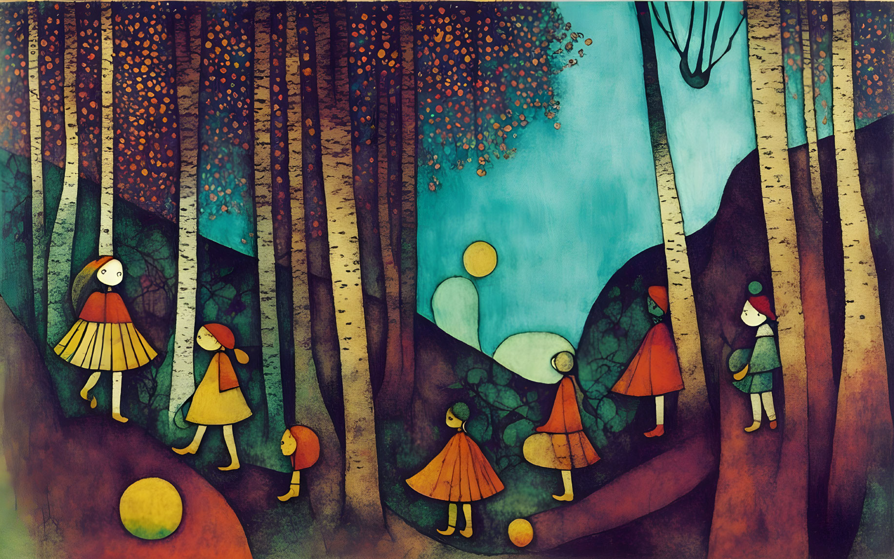 Whimsical forest scene with tall trees and colorful characters