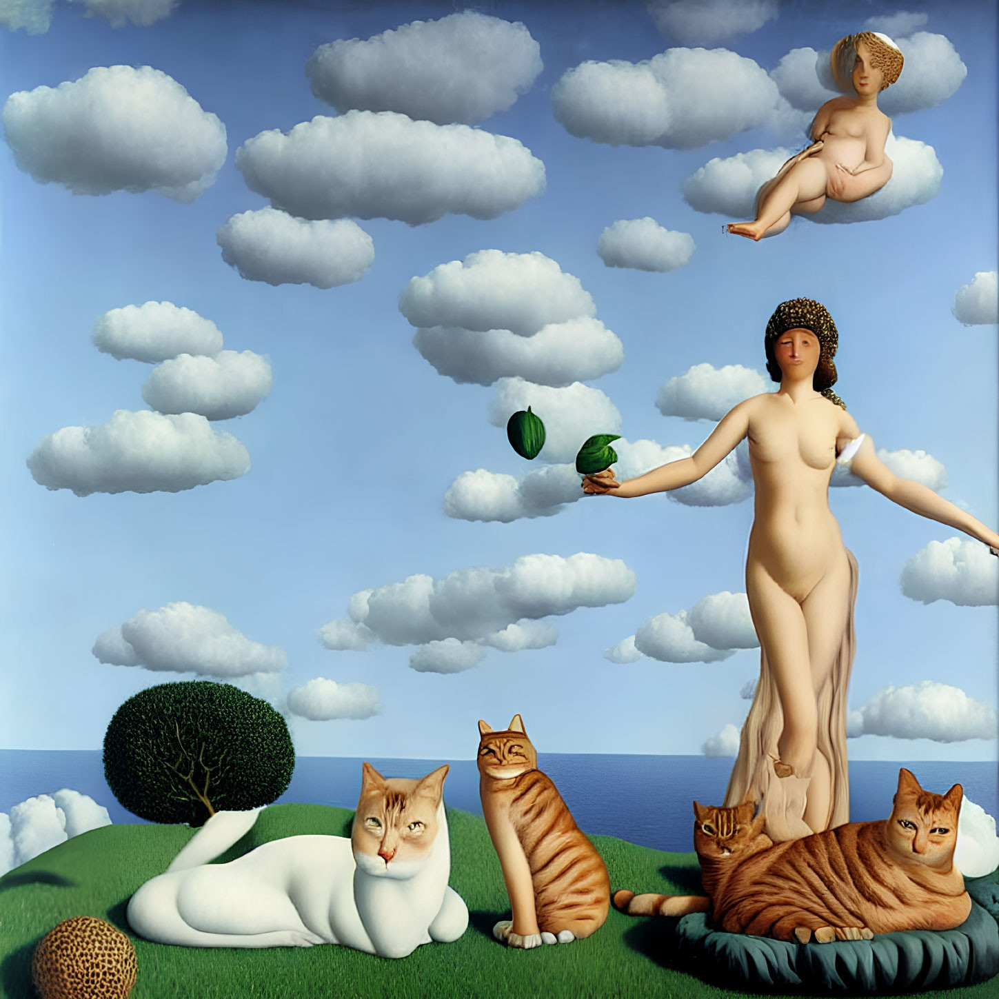 Surreal painting of nude woman with green bird, cats, and cherub