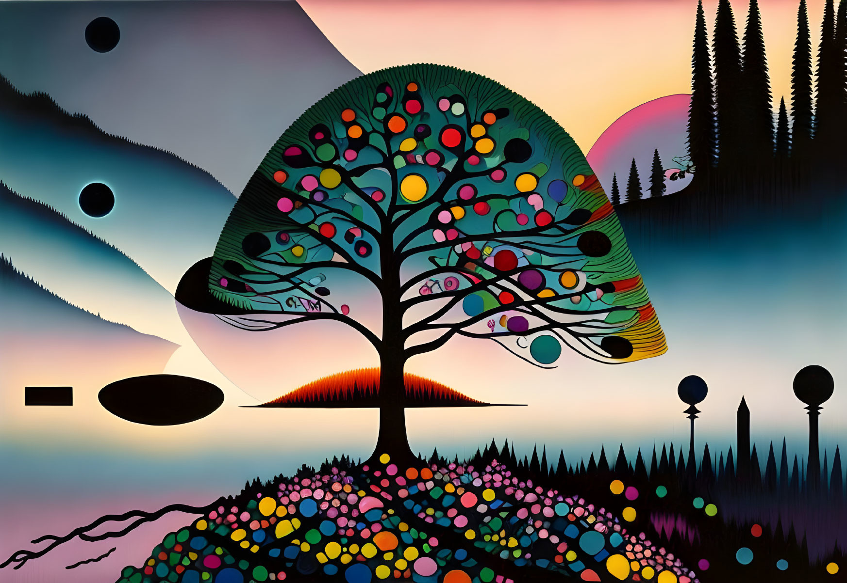 Colorful Landscape with Vibrant Tree and Floating Orbs on Hills