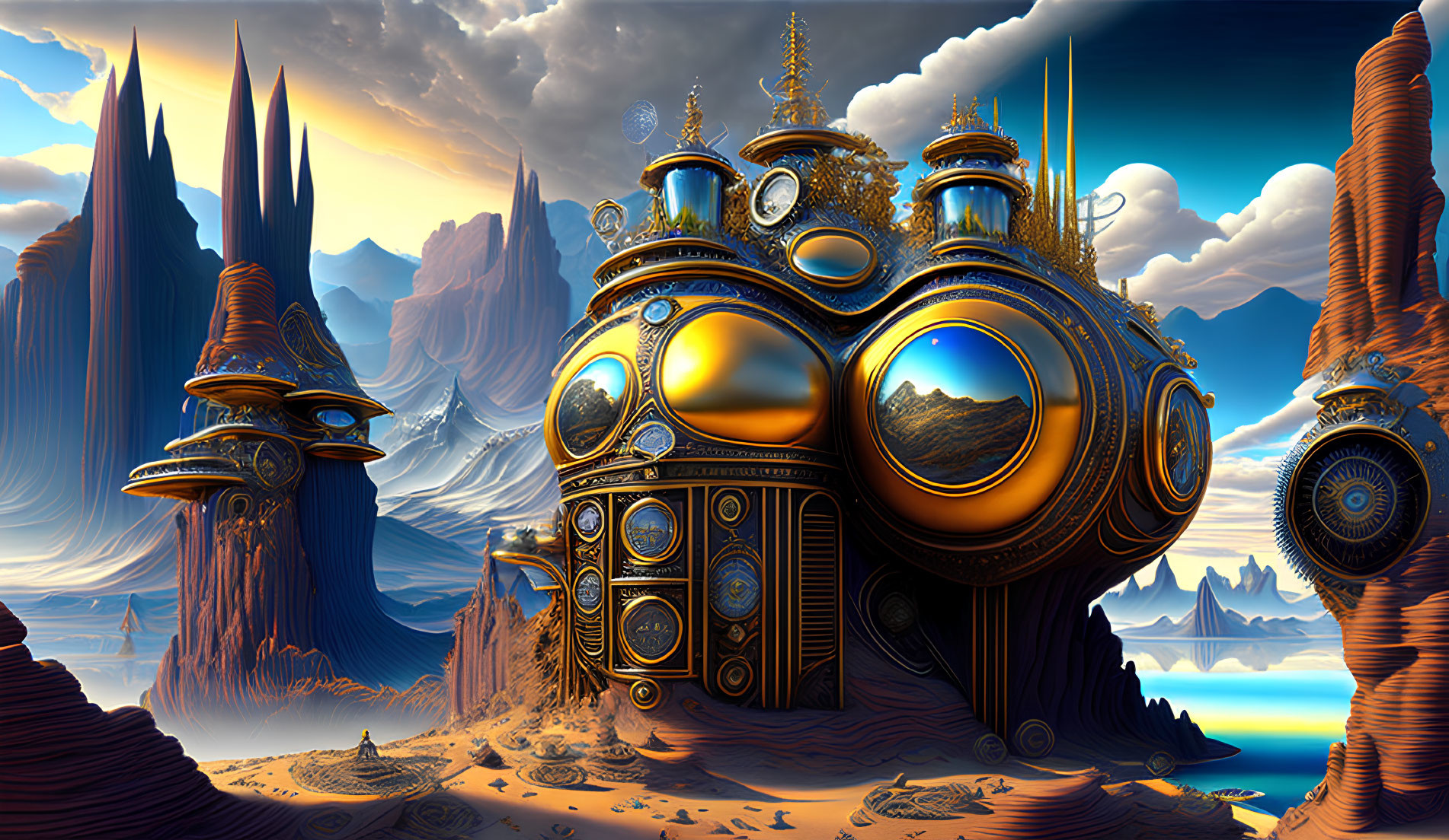 Fantastical steampunk landscape with golden structures and rocky spires under blue sky