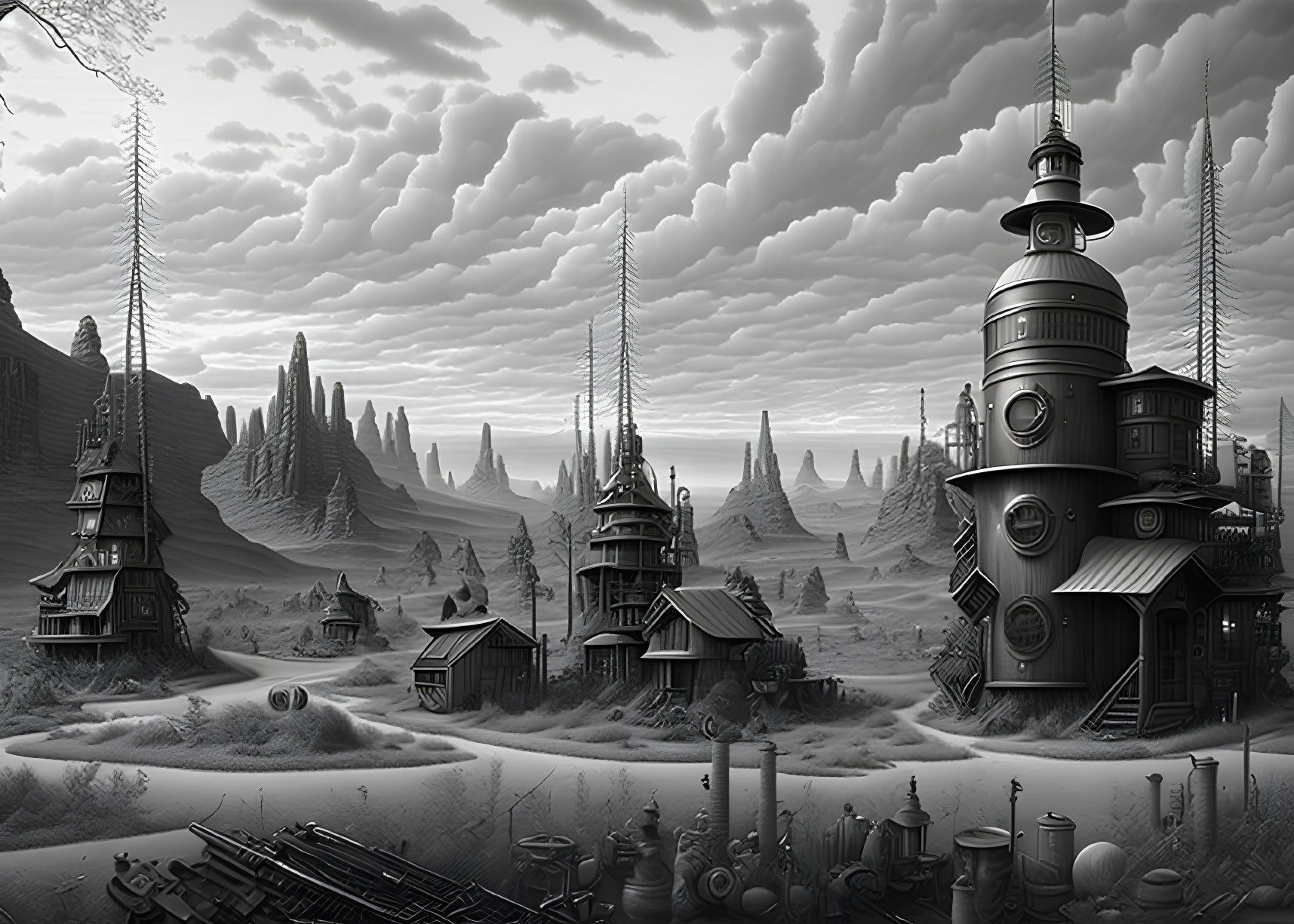 Monochromatic steampunk landscape with industrial towers and Victorian-style buildings