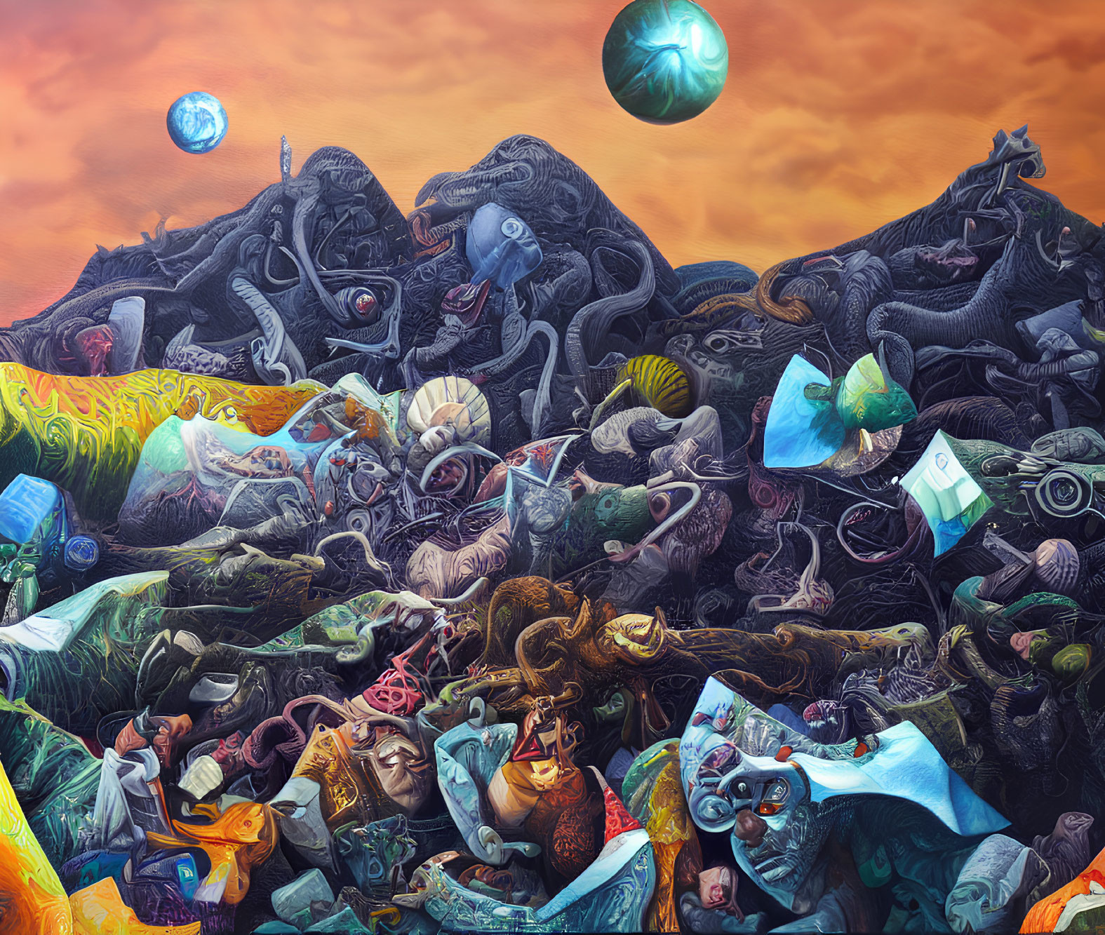 Vibrant surreal painting: discarded items pile under dual moons