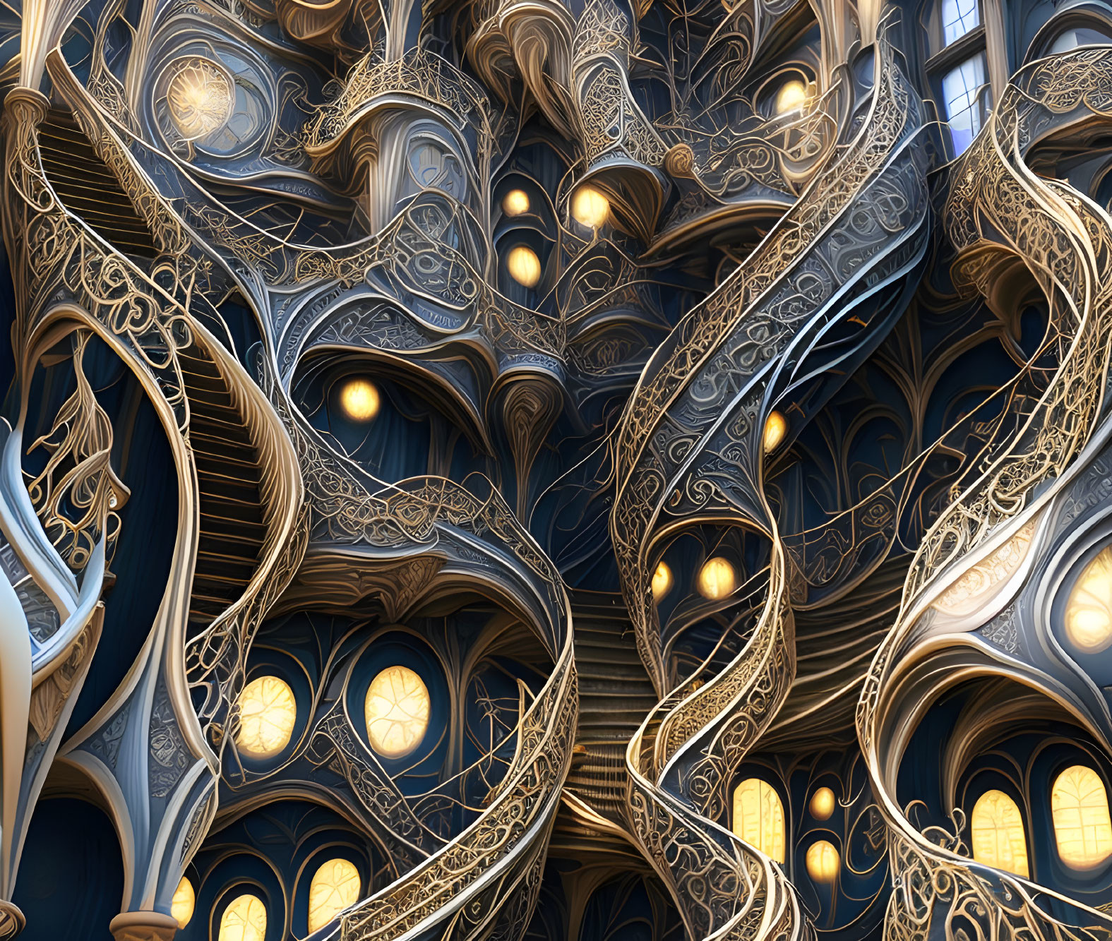 Surreal fractal image: Golden labyrinth on blue background