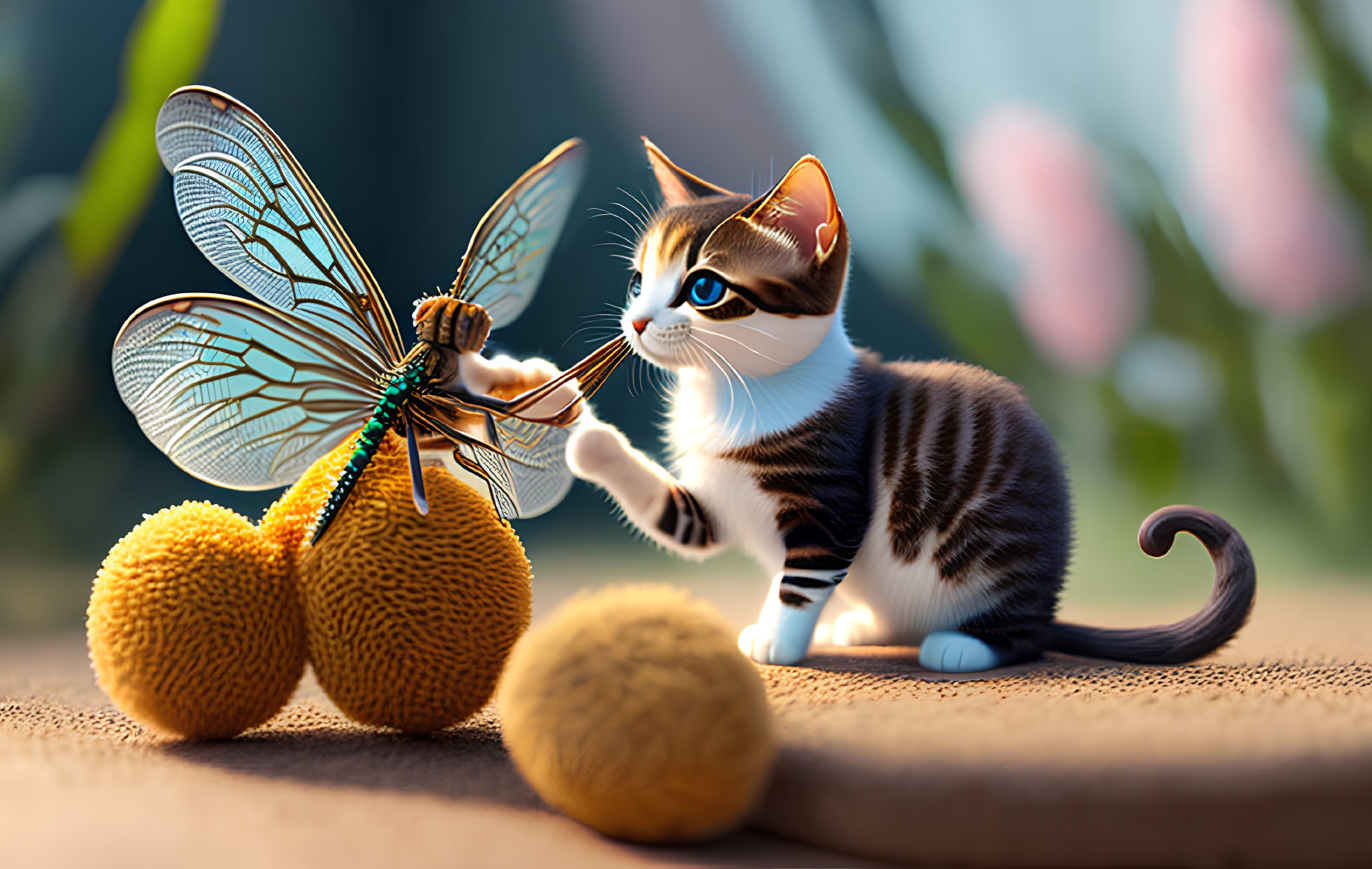 Whimsical digital artwork of kitten with butterfly on sunny backdrop