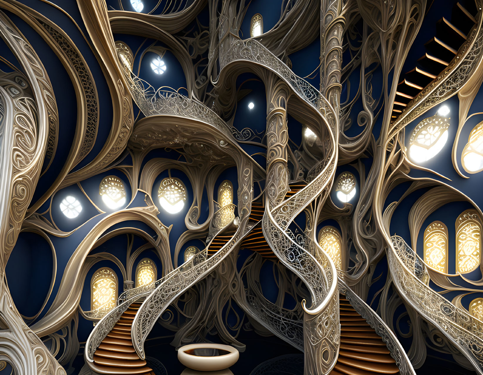 Surreal 3D digital artwork: illuminated staircases and arches on dark blue background