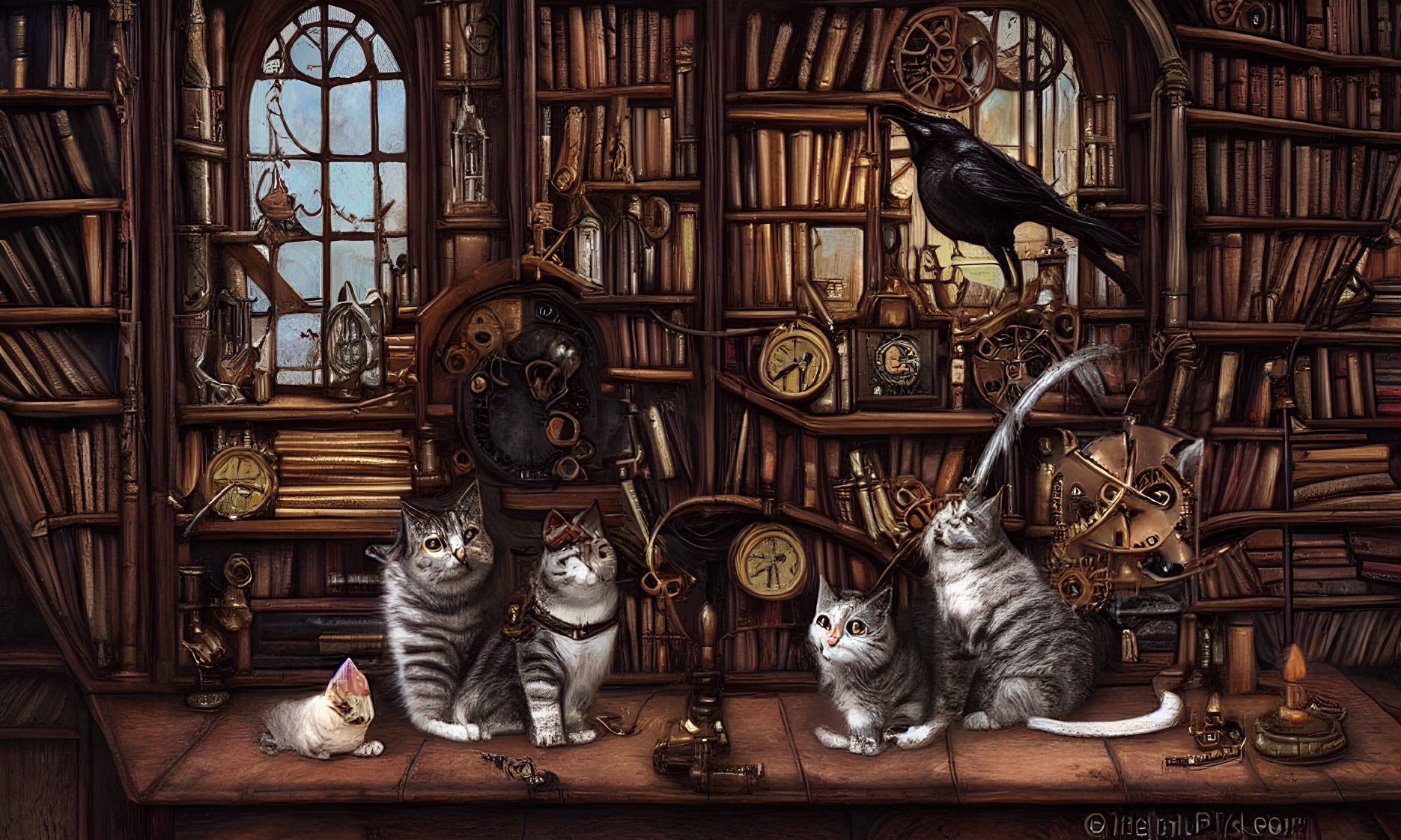 Detailed illustration of grey-striped cats and crow in vintage library with steampunk elements