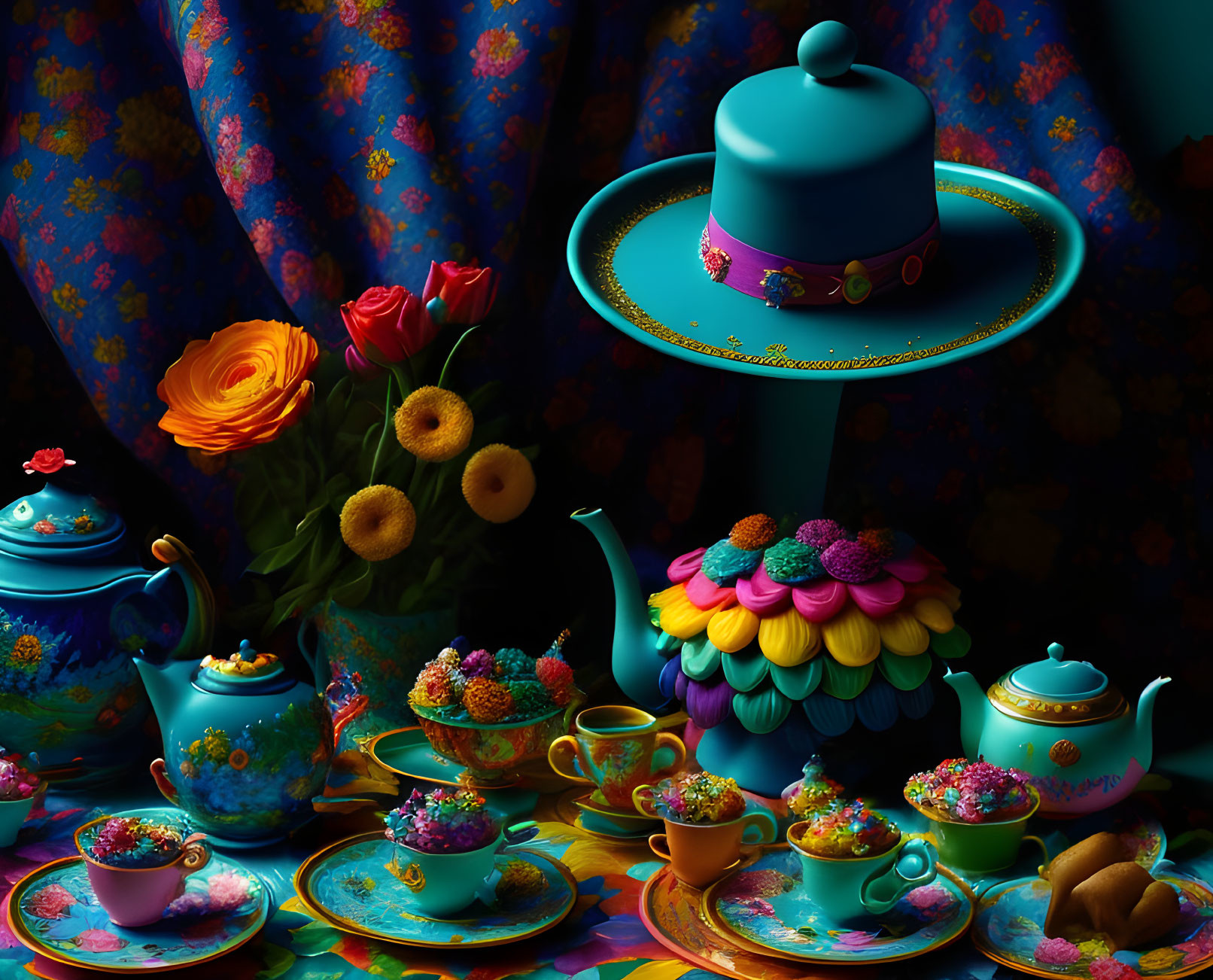 Colorful Tea Set Arrangement with Whimsical Cake and Fresh Flowers