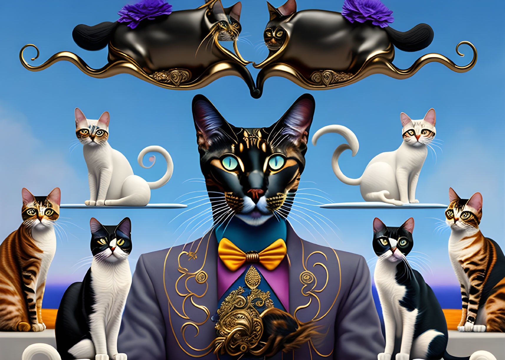 Surreal image of large cat in suit with smaller cats and floaty pillows against sky backdrop