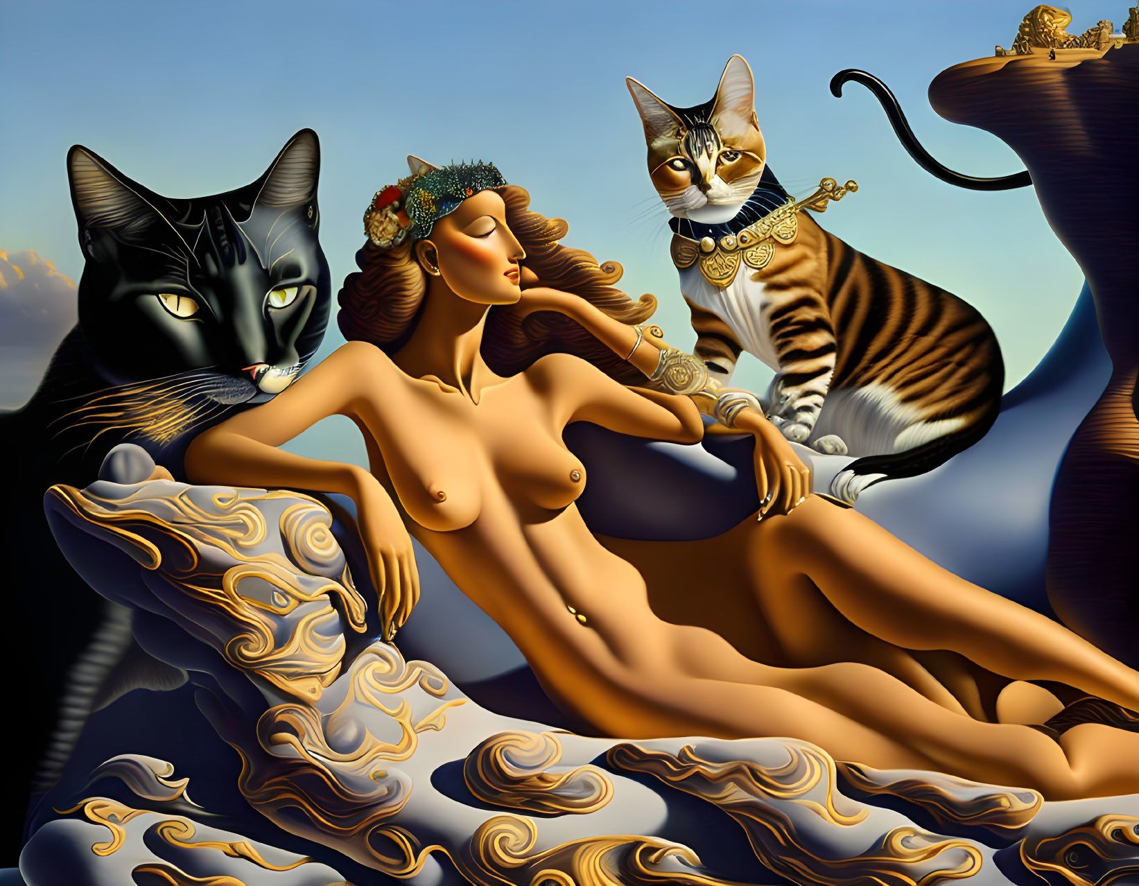 Colorful artwork: Woman reclining with two cats, blending human and feline traits