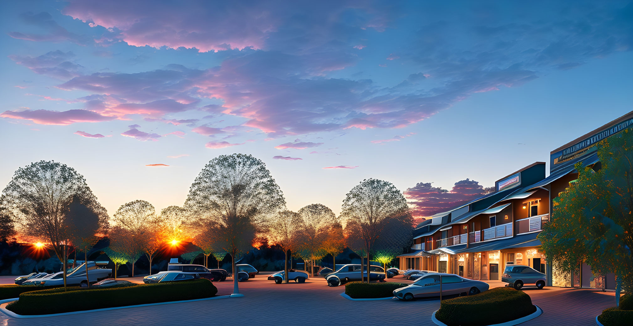 Twilight scene: parking lot, trees, building, colorful sky at sunset