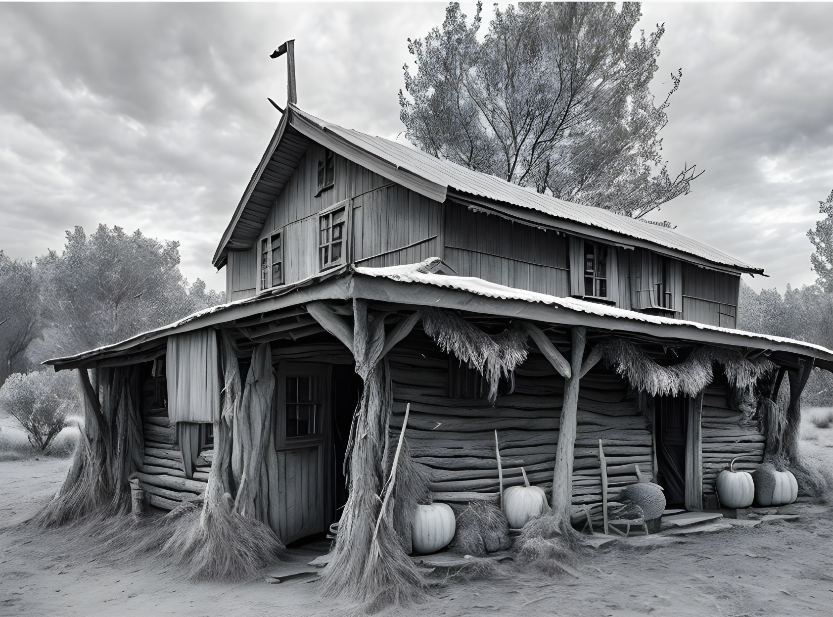 Monochrome image of rustic cabin with pumpkins in eerie forest