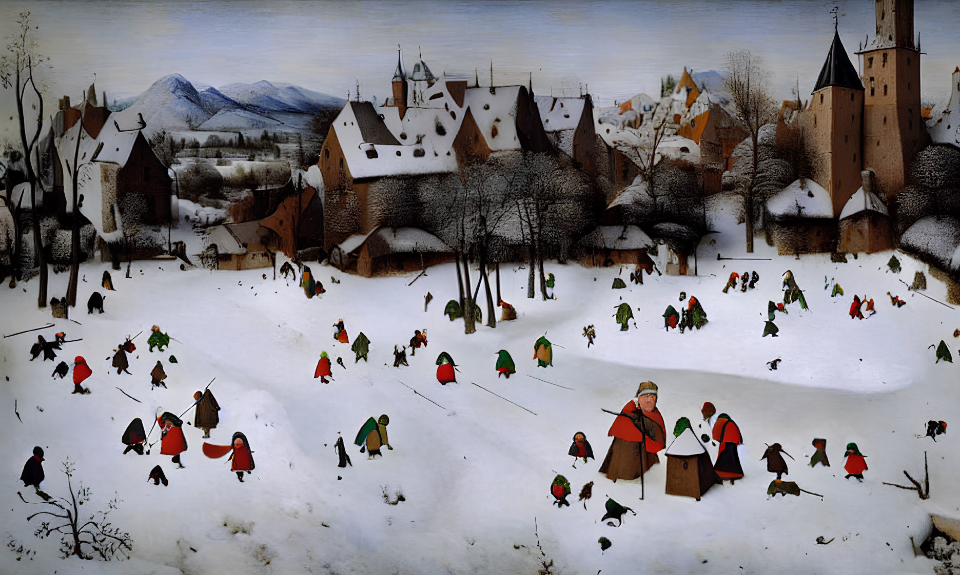 Snow-covered village scene with people sledding, playing, and gathering wood