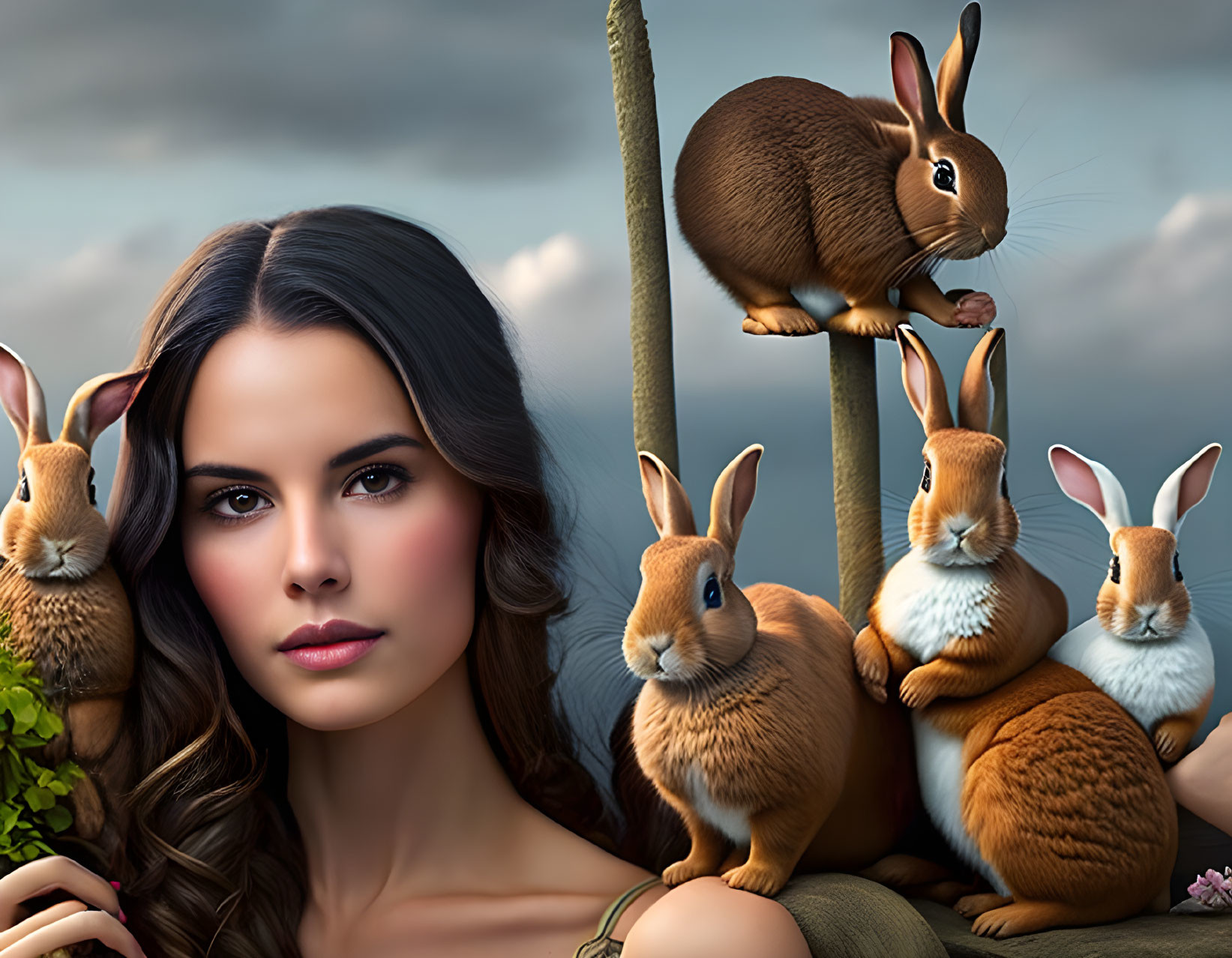 Digital artwork featuring woman with brown hair and rabbits in serene outdoor scene