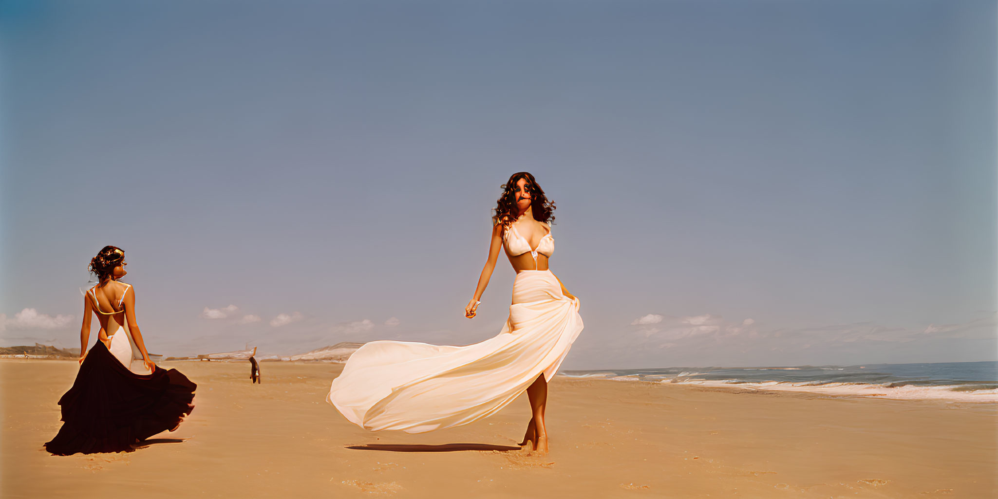 Women in Flowing Dresses Walking on Sunny Beach