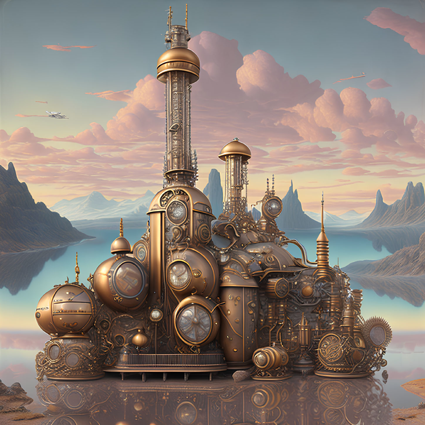 Steampunk city with bronze towers and pink sky.