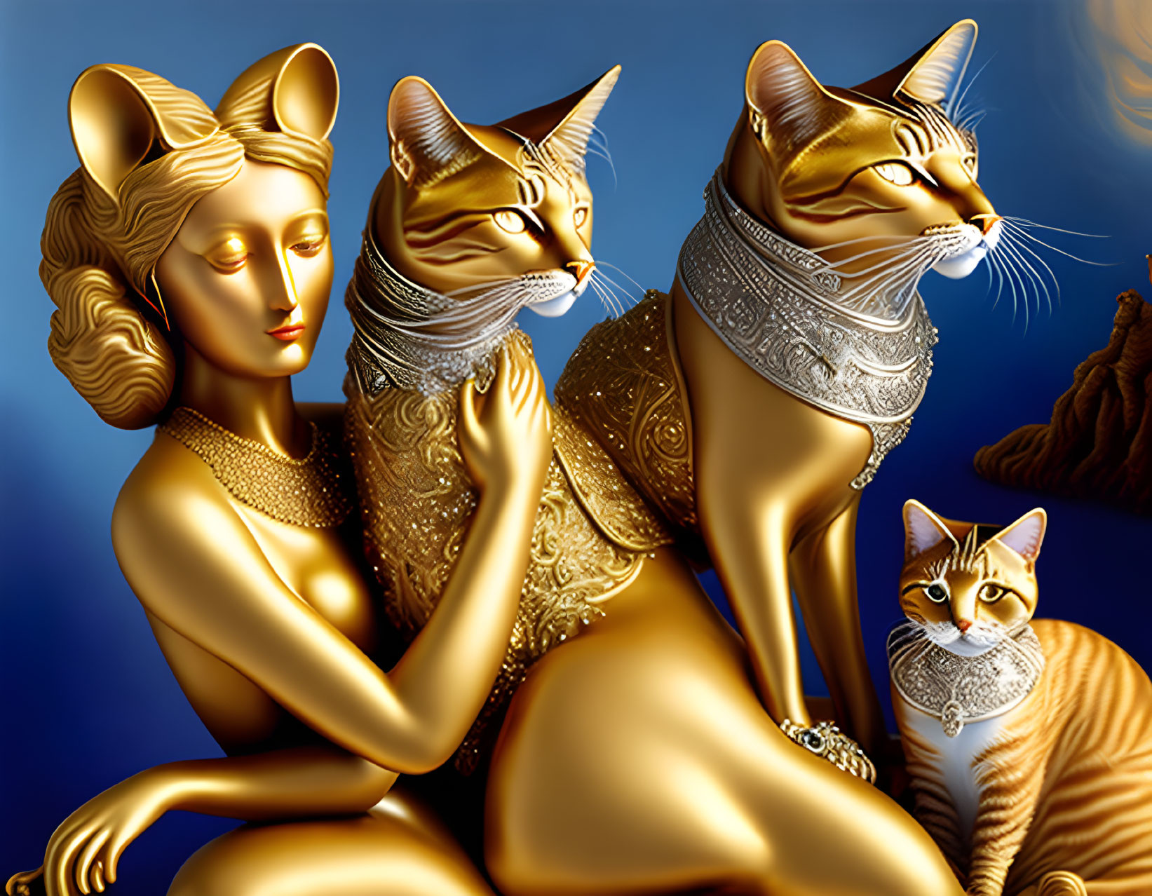 Golden woman with cat ears embracing majestic cats in stylized image