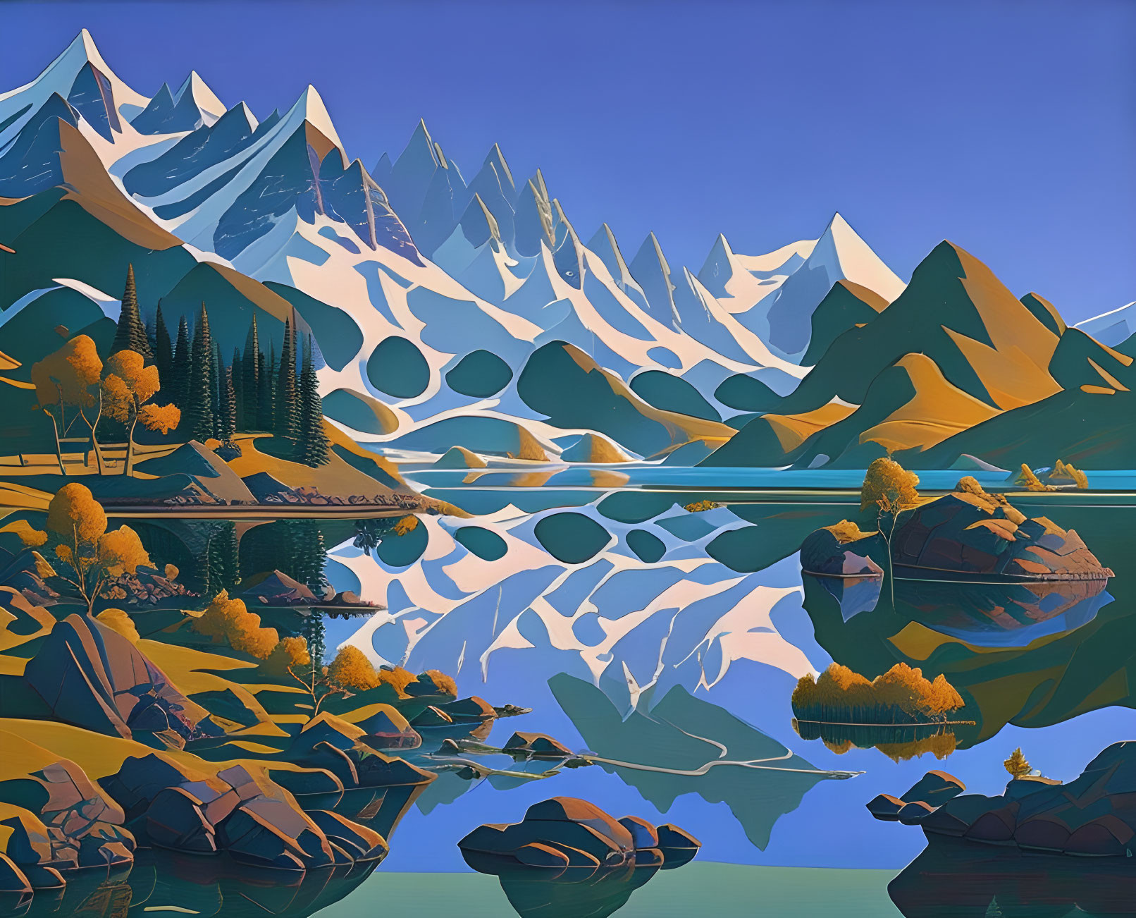 Serene lake with snow-capped mountains and autumn trees