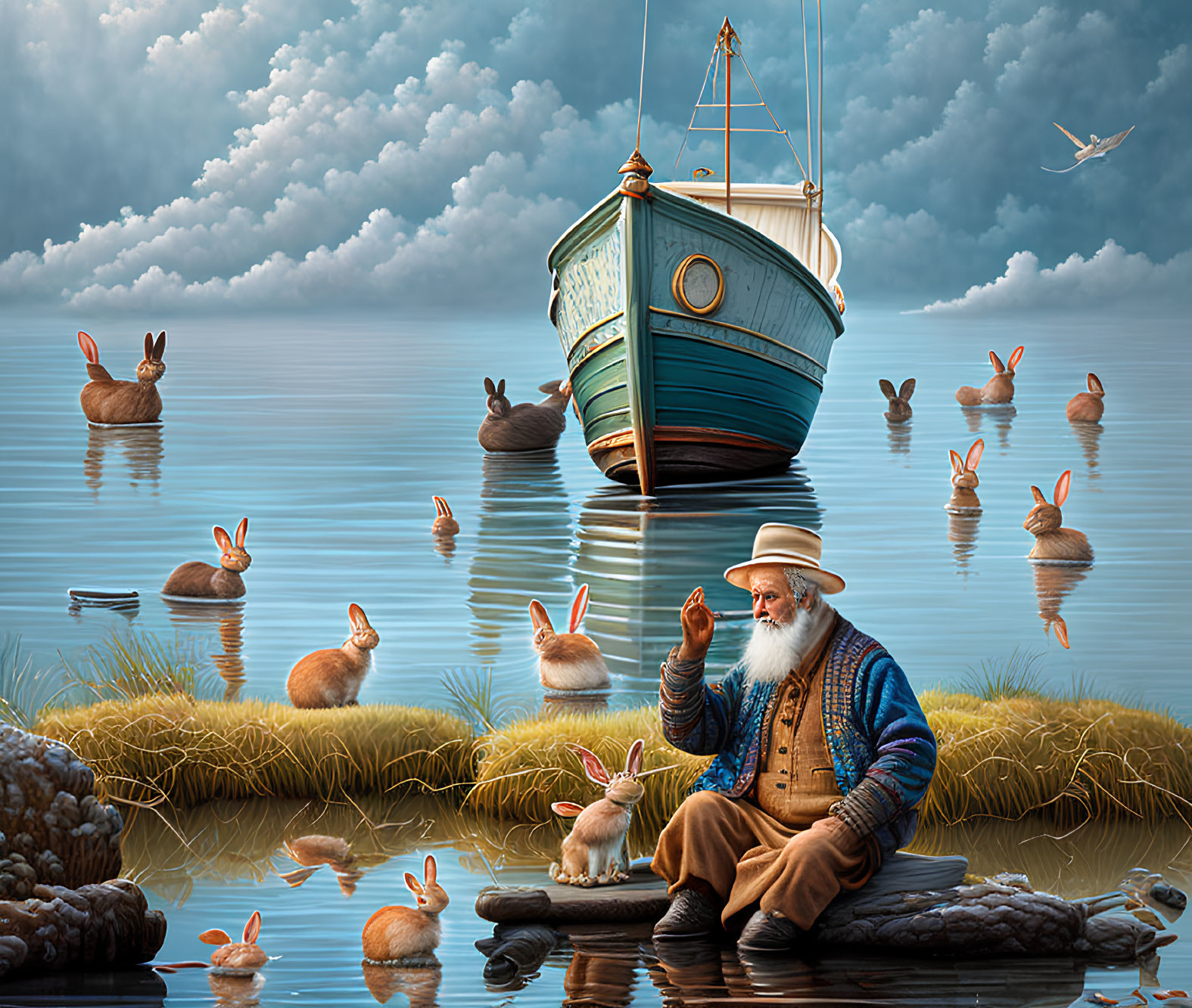 Elderly sailor with rabbits on shore near boat and calm water surface