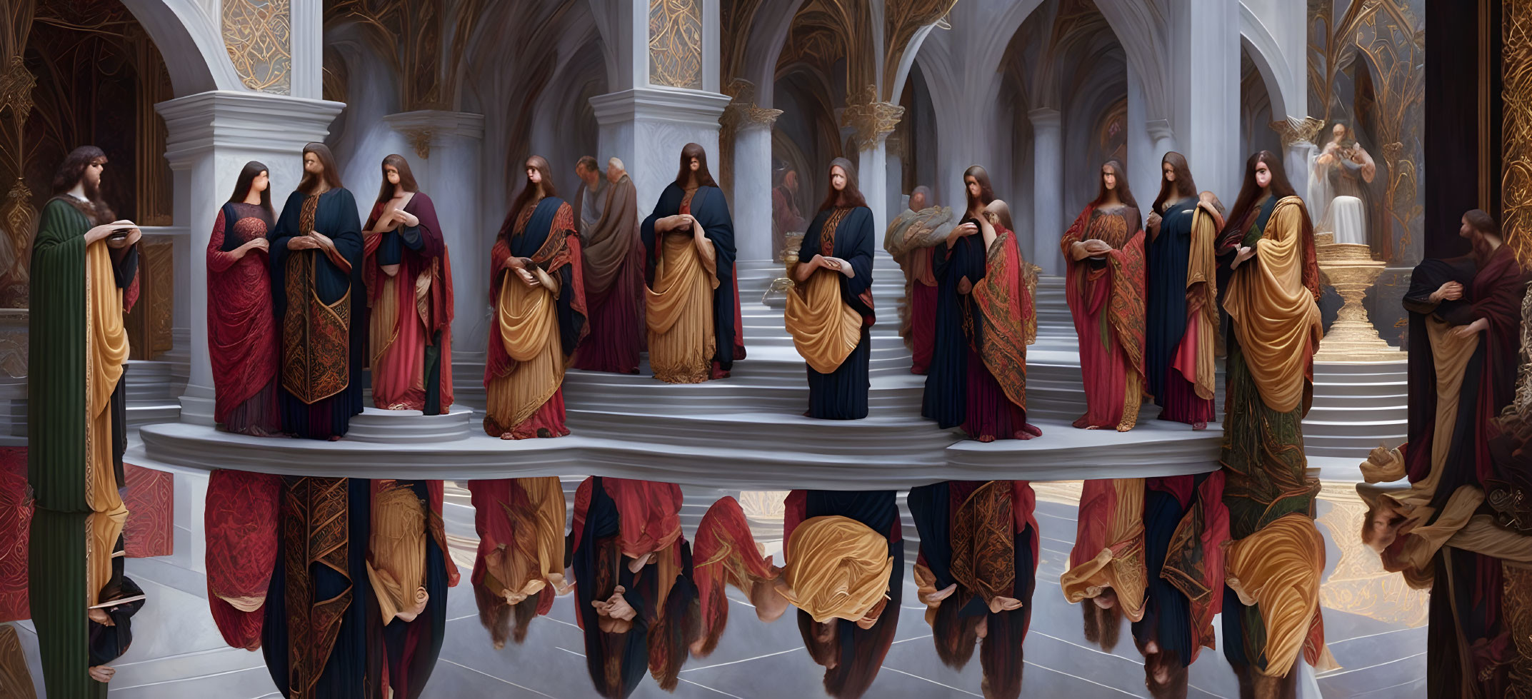 Panoramic artwork of elegantly-dressed individuals in grand hall