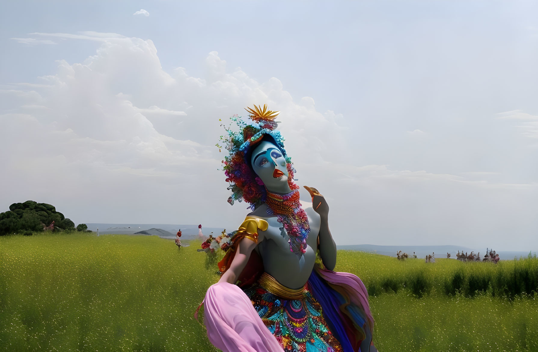 Colorful Hindu Deity Statue in Tranquil Field under Cloudy Sky