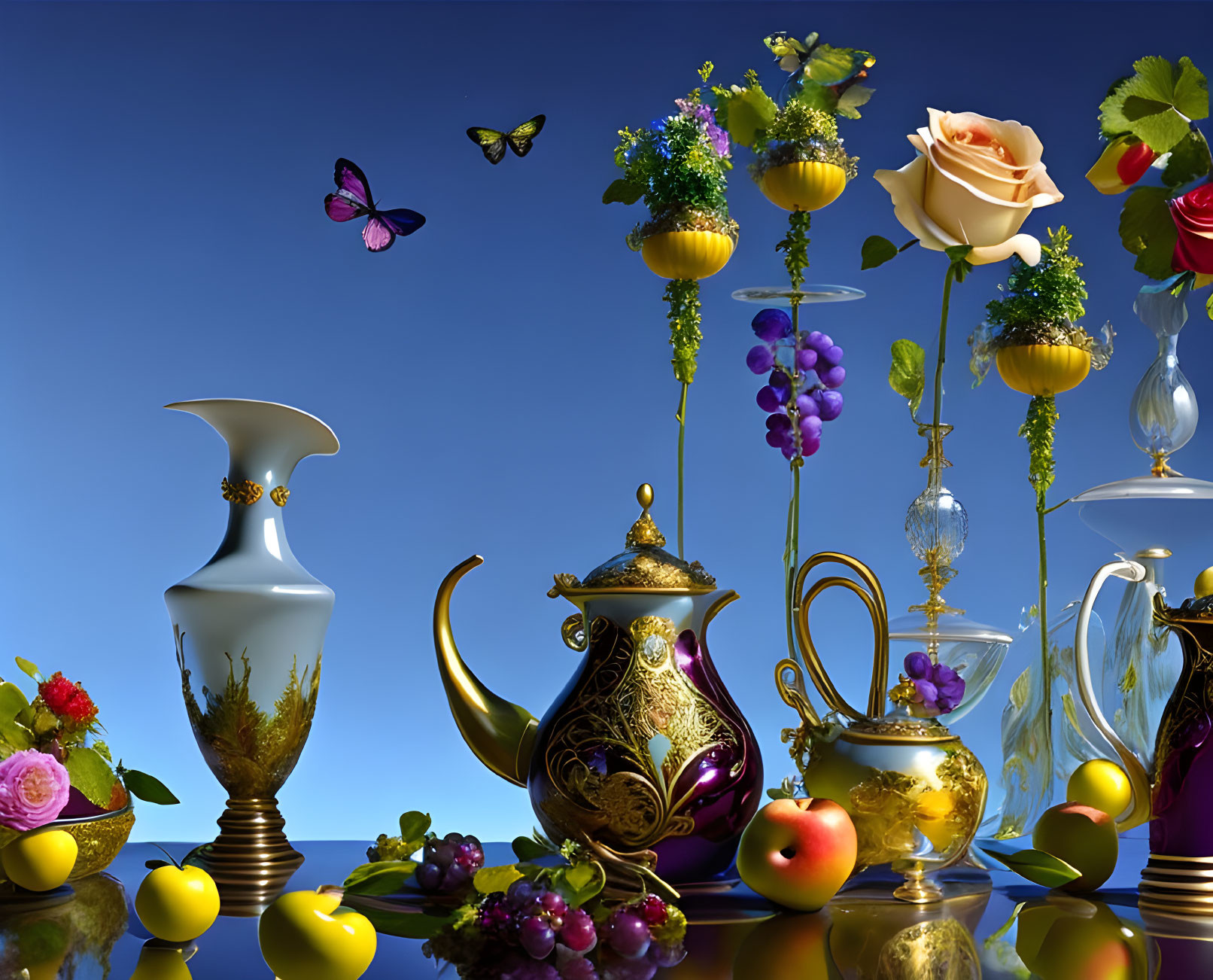 Ornate teapot, white vase, fruits, flowers, and butterflies on blue background