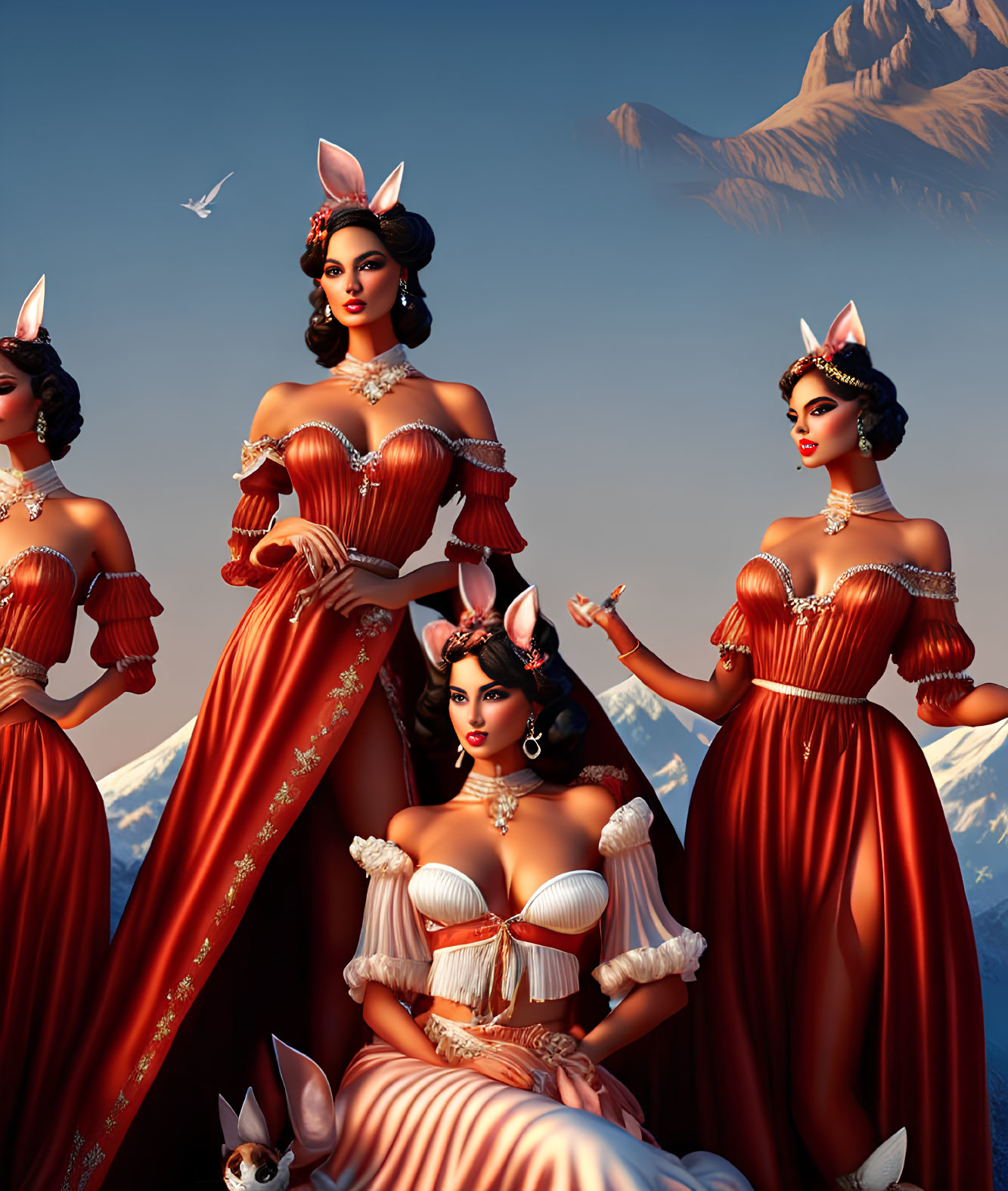 Stylized women in vintage red and white dresses with rabbit ear headpieces against mountain backdrop