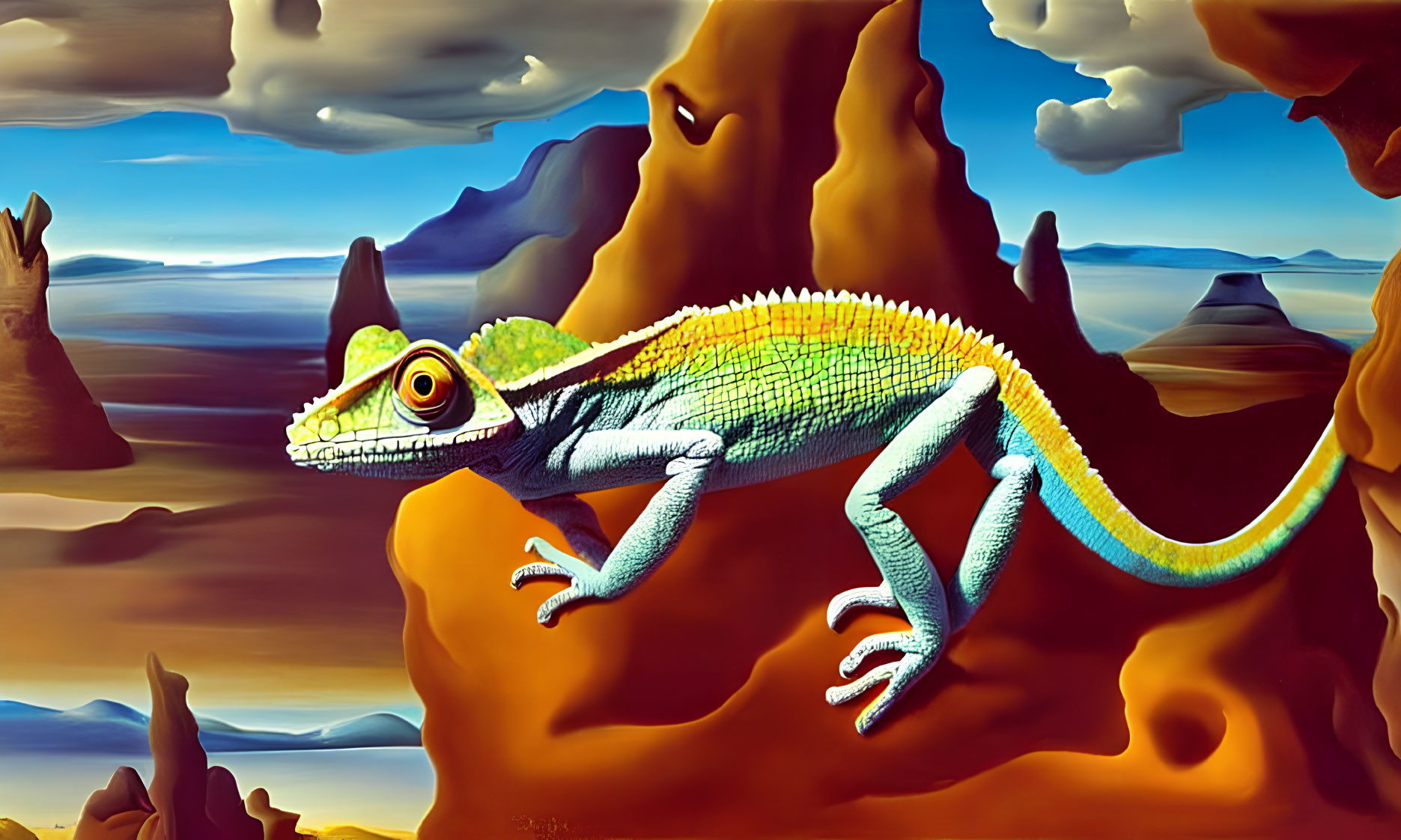 Colorful Chameleon on Surreal Desert Landscape with Sandstone Formations